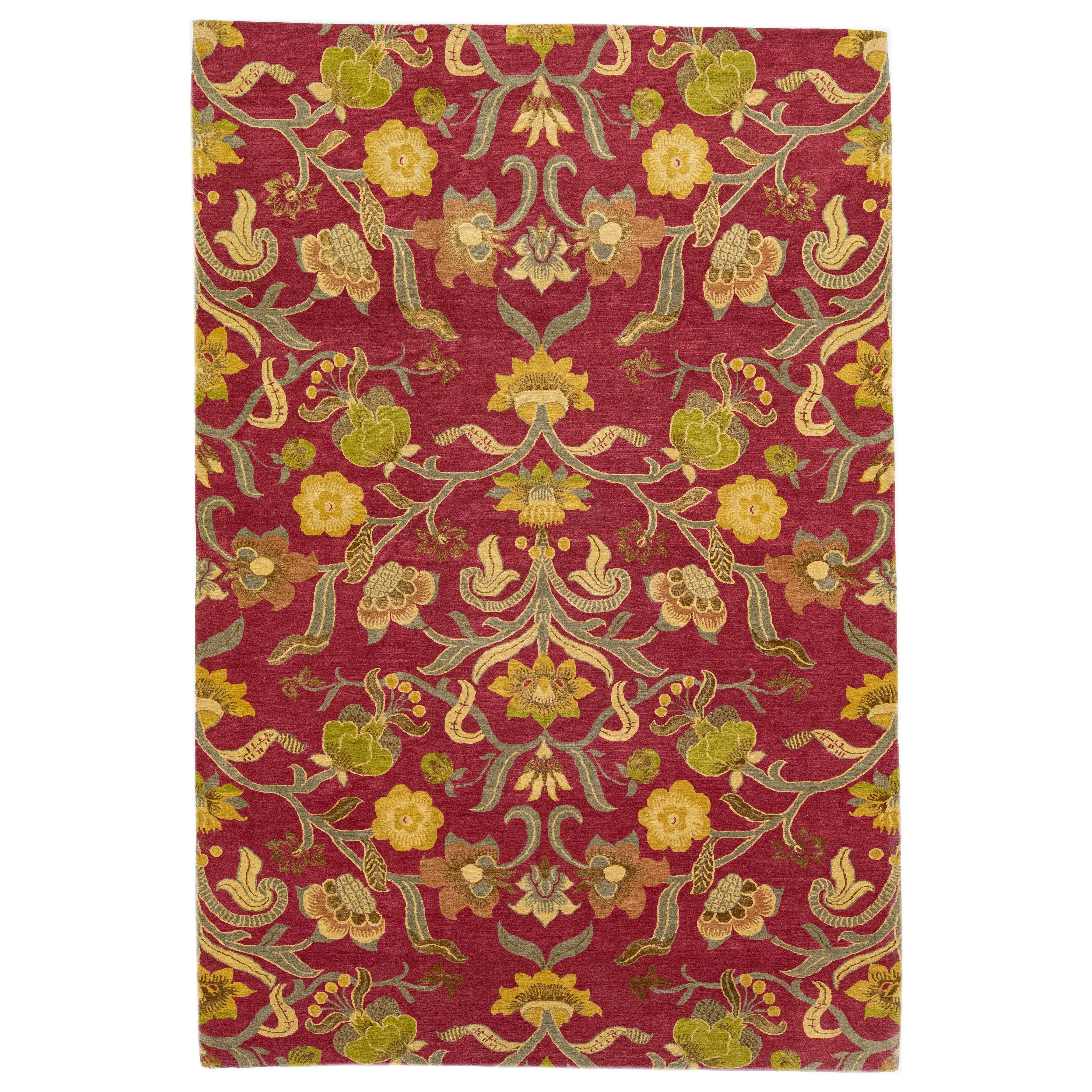 Tappeto in lana e seta rosso moderno nepalese dal design floreale fatto a mano