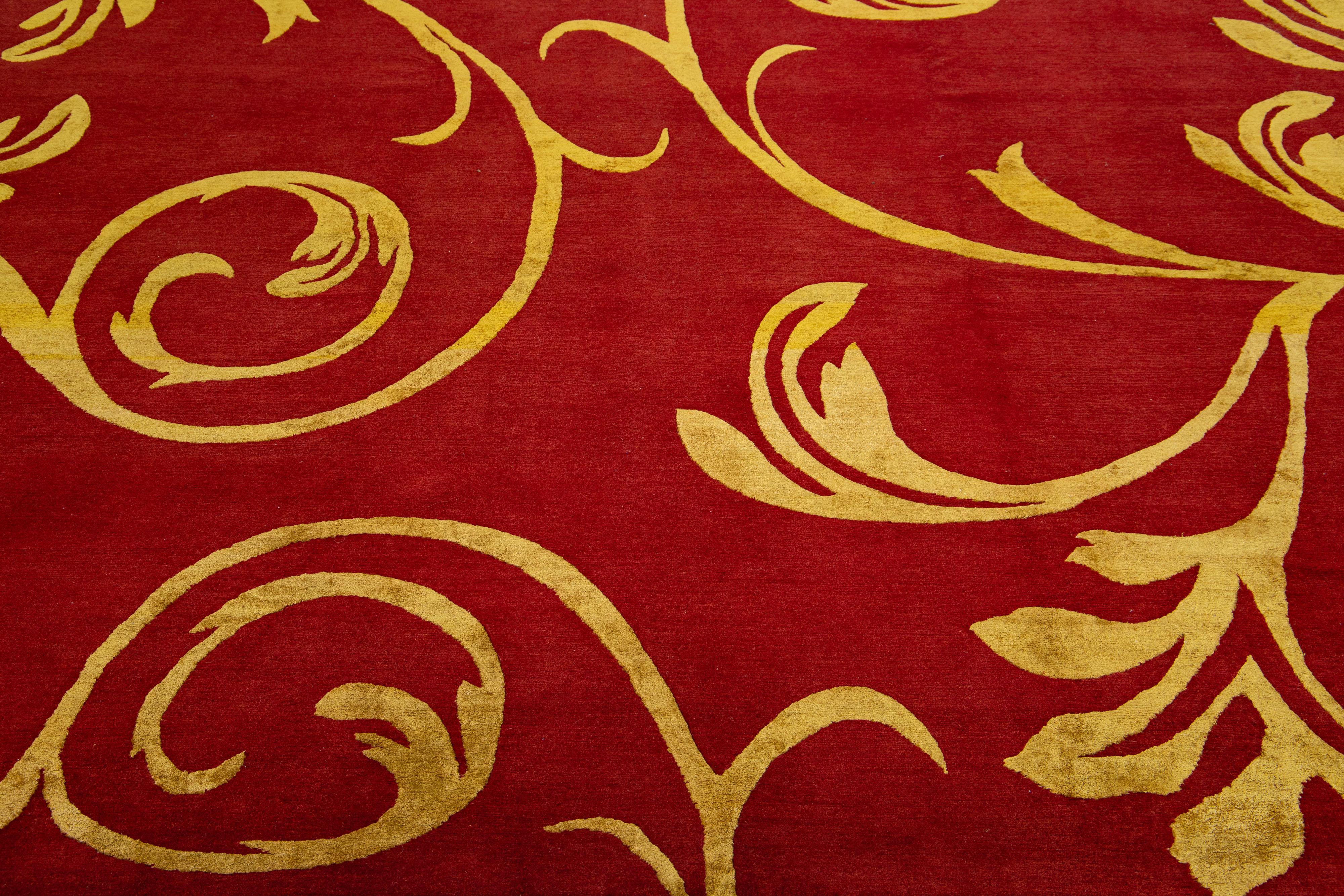 Mid-Century Modern Handmade Red Modern Nepalese Designed Wool Rug For Sale