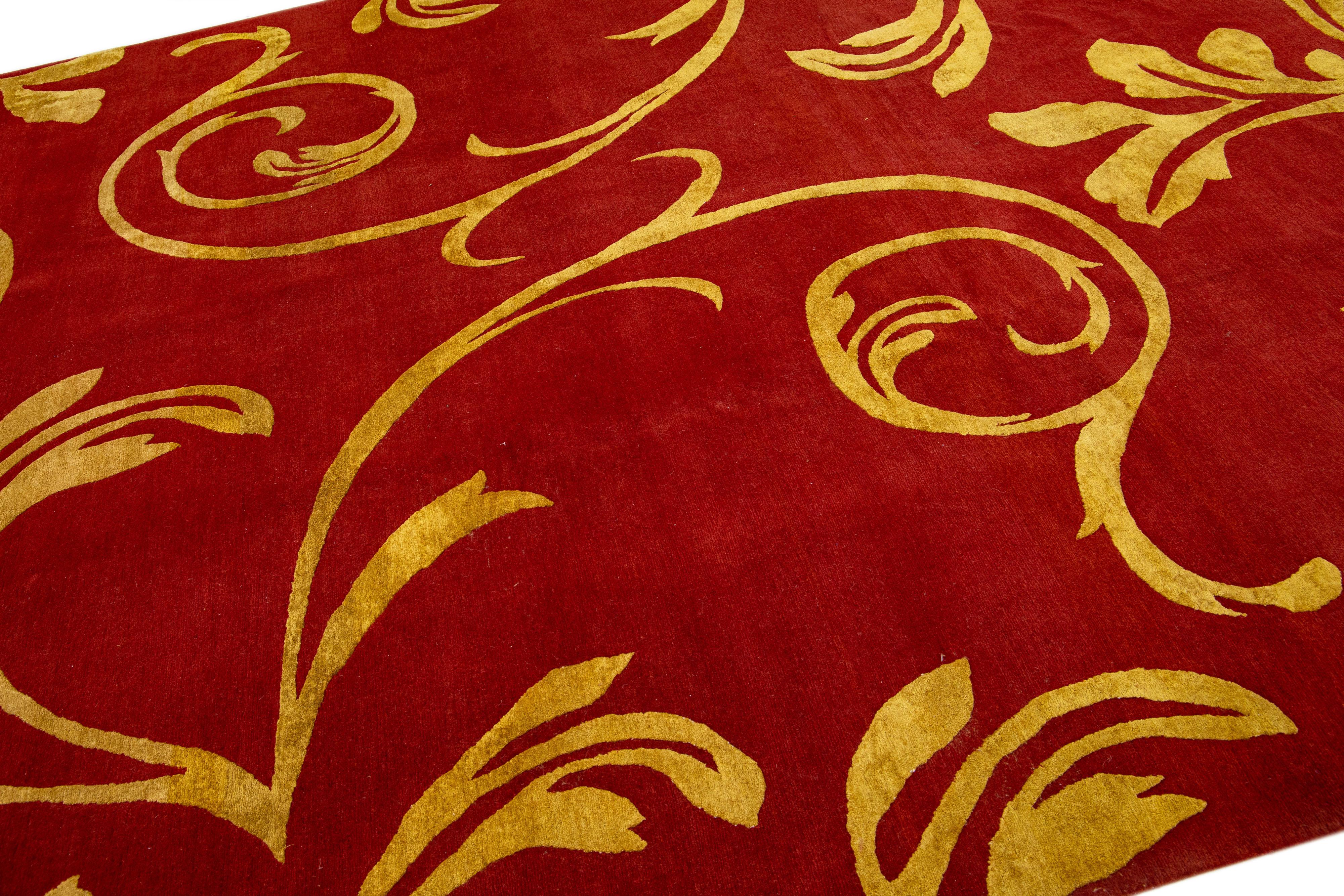 Hand-Knotted Handmade Red Modern Nepalese Designed Wool Rug For Sale