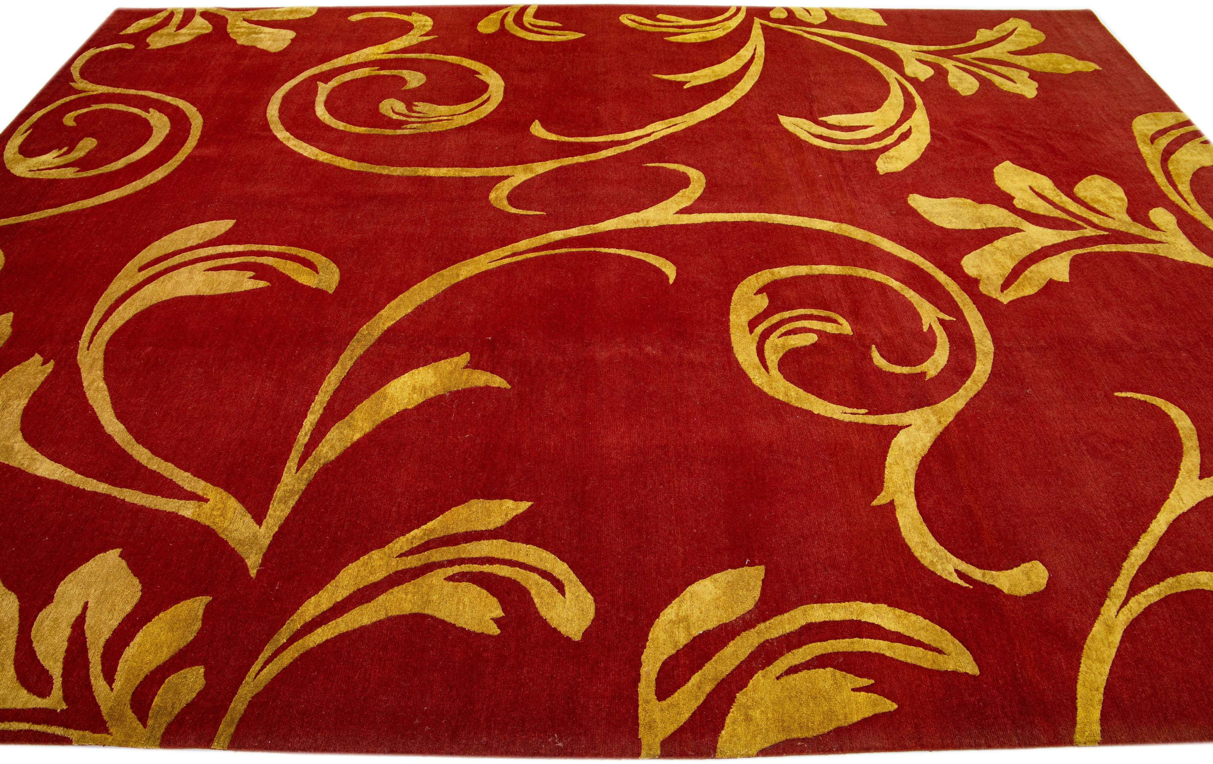 Handmade Red Modern Nepalese Designed Wool Rug In New Condition For Sale In Norwalk, CT