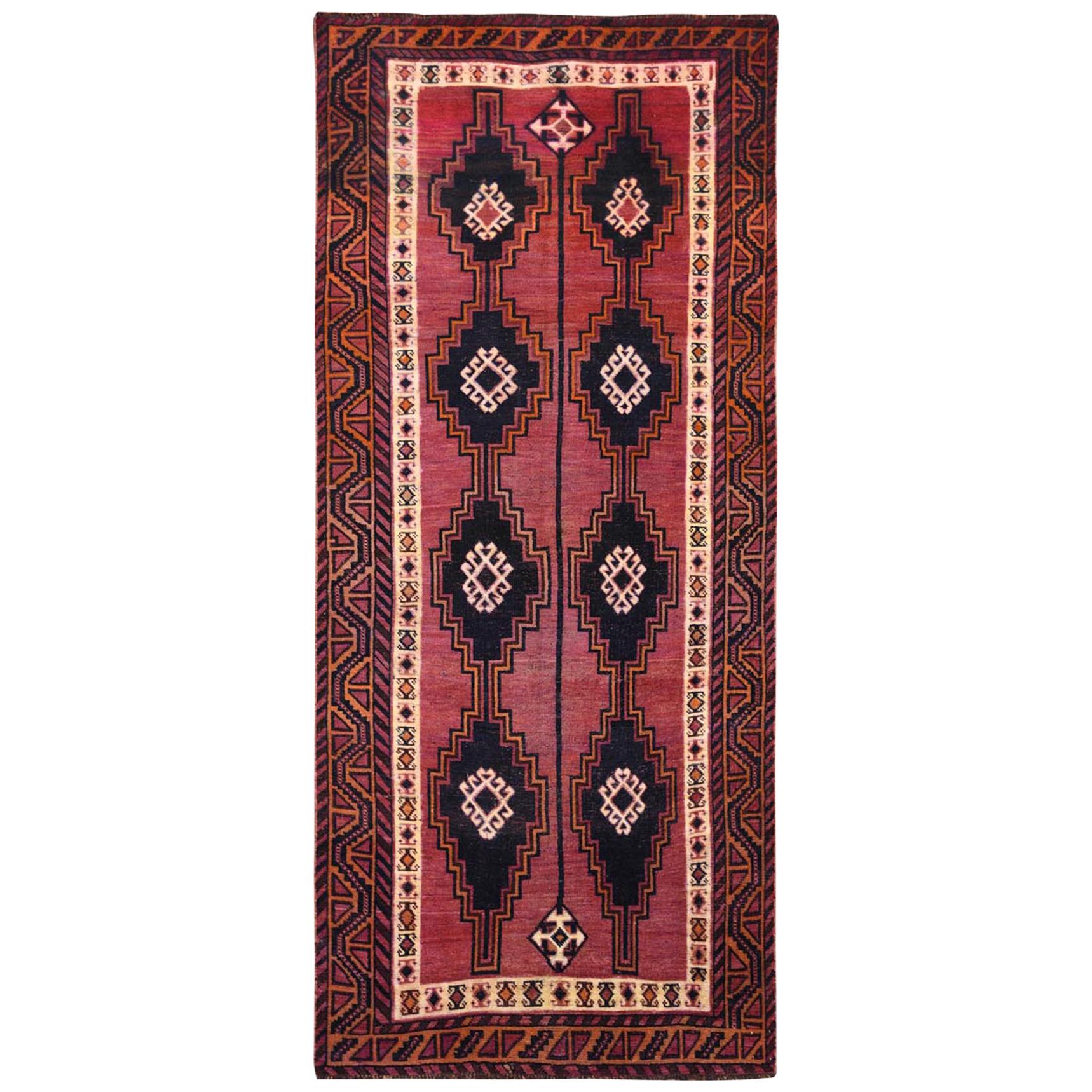 Handmade Red Persian Qashqai Worn Down Vintage Bohemian Natural Wool Runner Rug For Sale