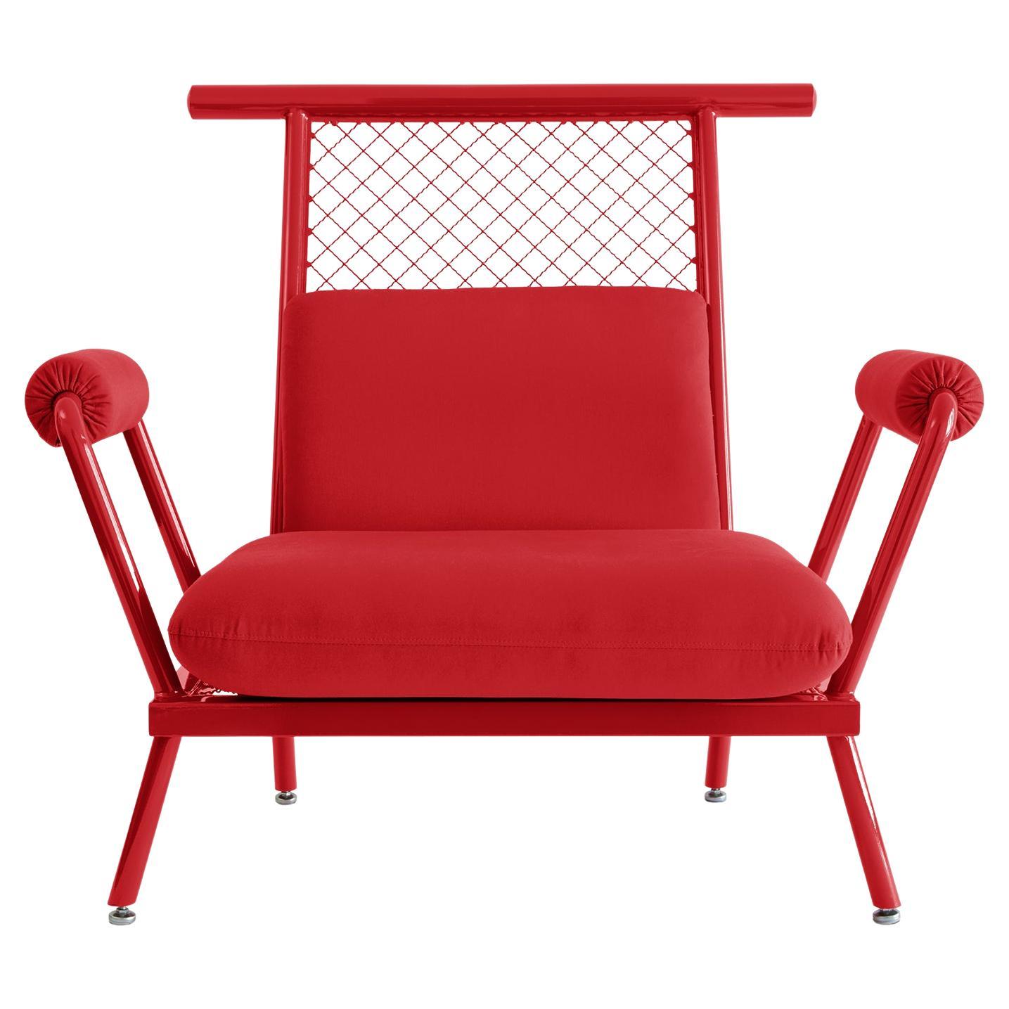 Handgefertigter roter PK6-Sessel mit Kohlenstoffstahlstruktur und Metallgeflecht von Paulo Kobylka