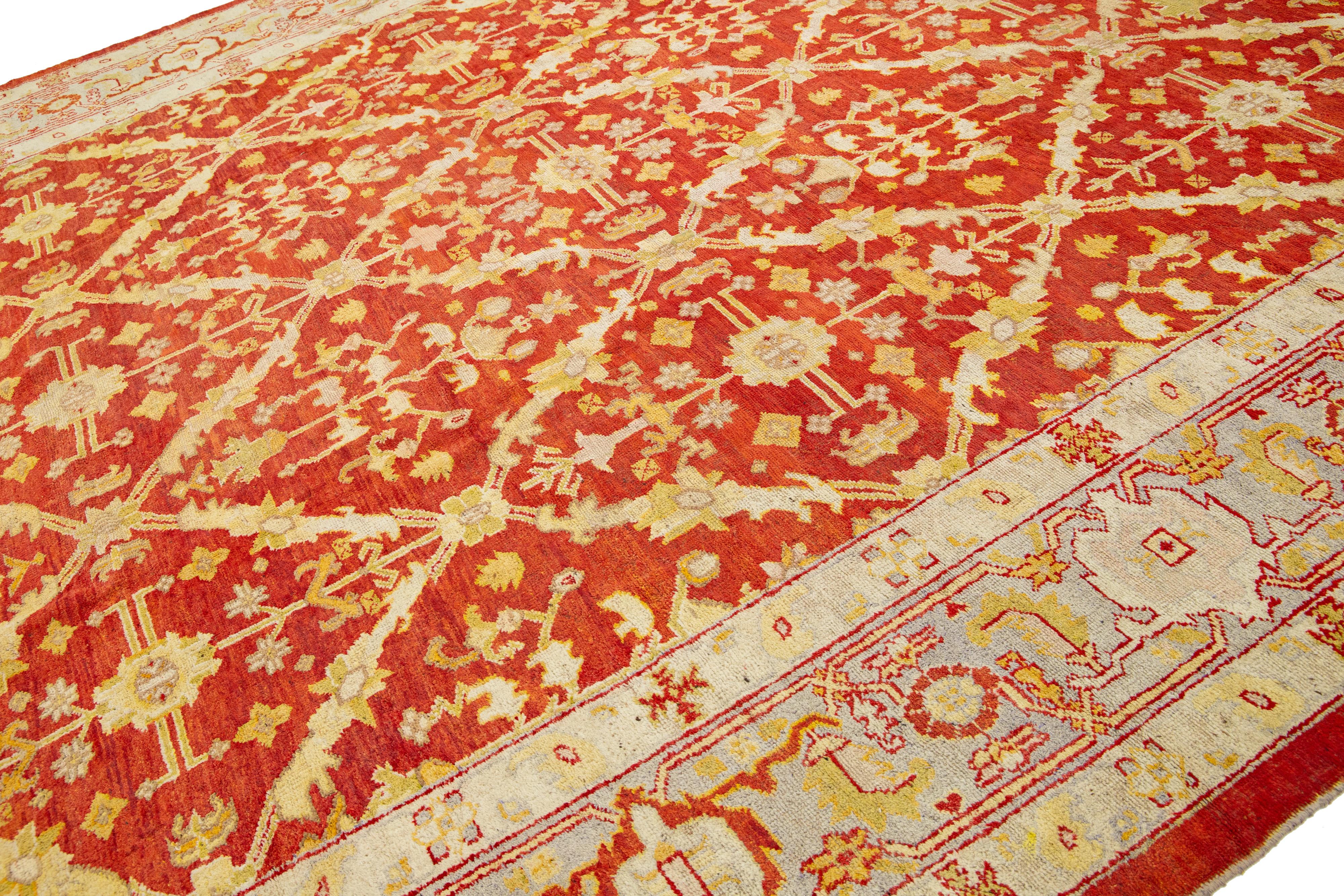 Hand-Knotted Handmade Red Turkish Oushak Wool Rug Featuring a Floral Pattern From The 1880's For Sale