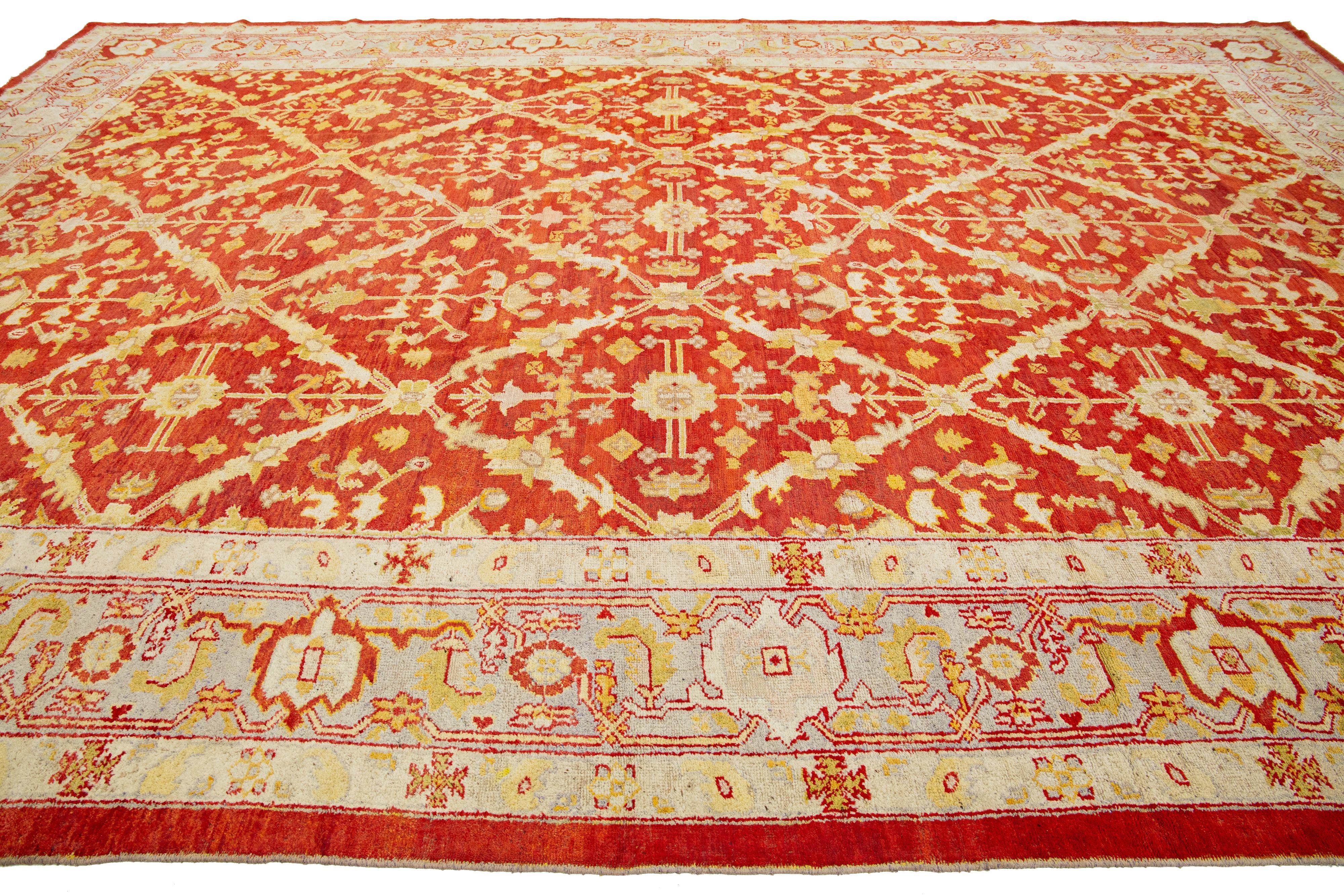 Handmade Red Turkish Oushak Wool Rug Featuring a Floral Pattern From The 1880's For Sale 1