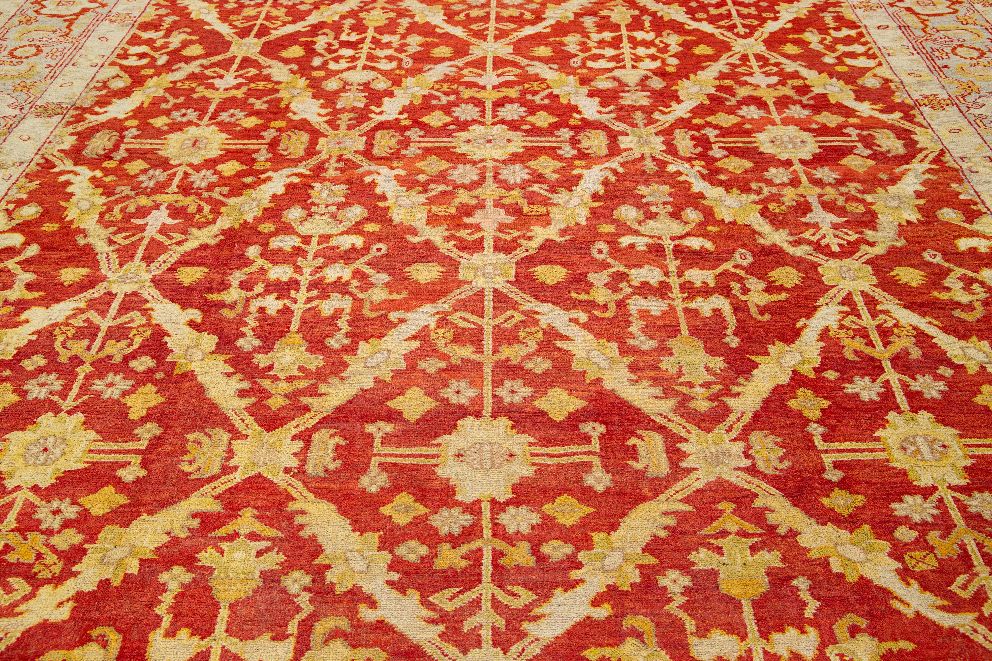Handmade Red Turkish Oushak Wool Rug Featuring a Floral Pattern From The 1880's For Sale 2
