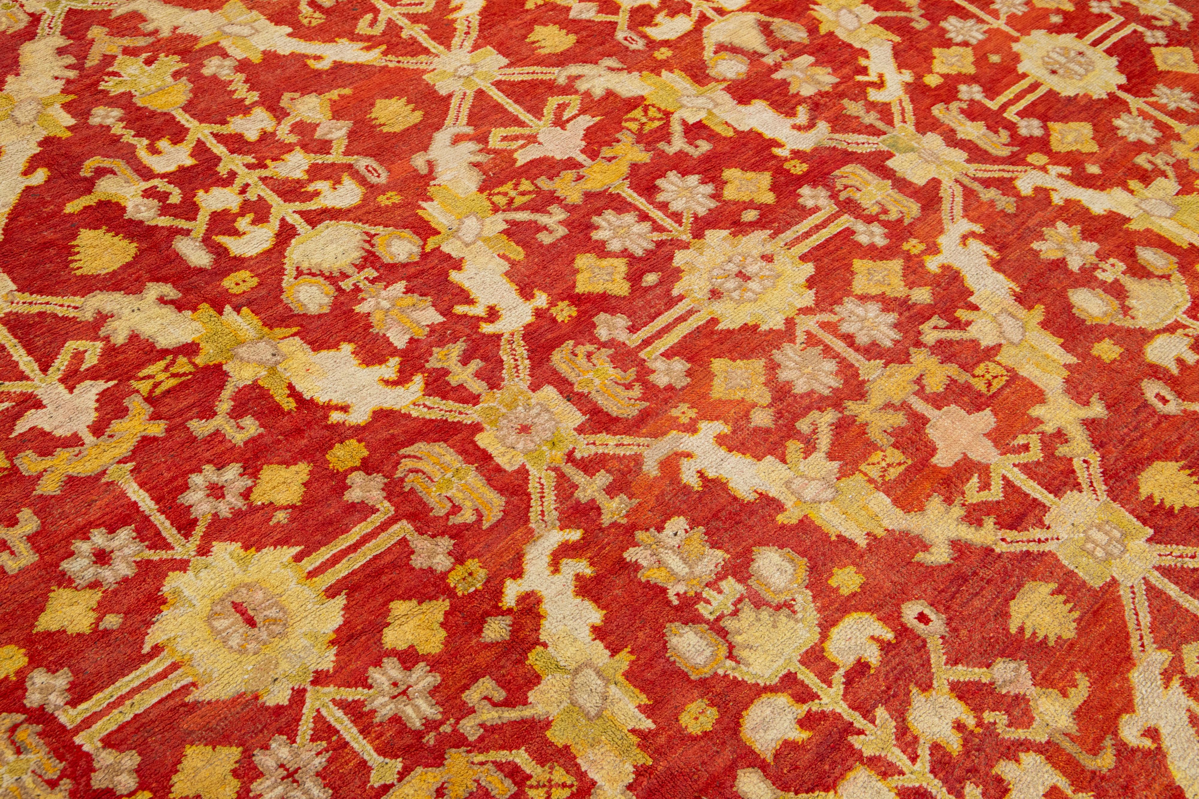 Handmade Red Turkish Oushak Wool Rug Featuring a Floral Pattern From The 1880's For Sale 3
