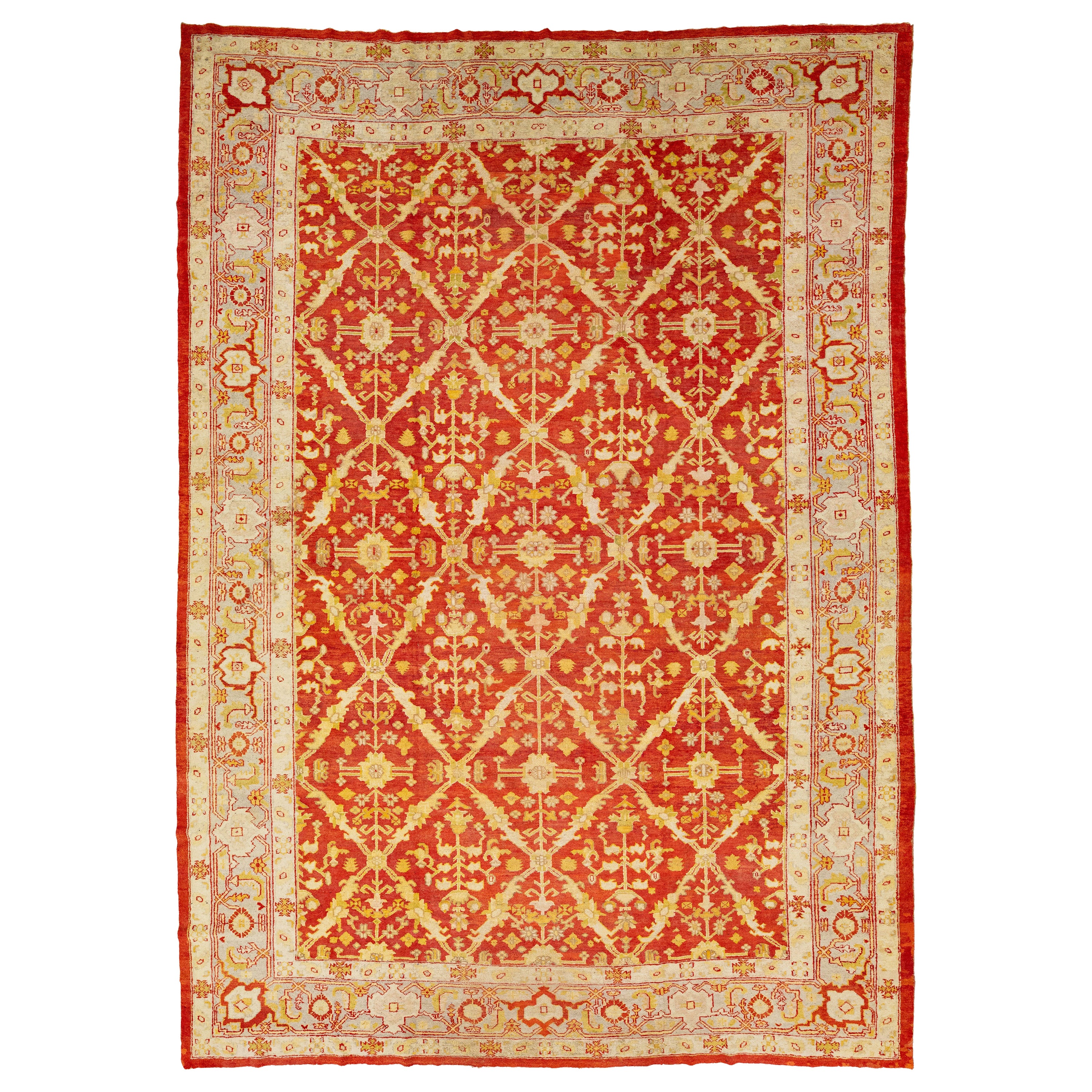 Tappeto fatto a mano in lana turca Oushak rossa con motivo floreale del 1880
