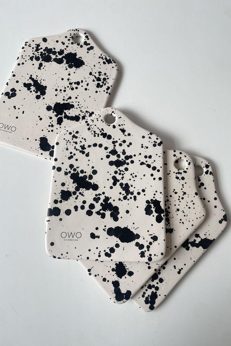 Modern Handmade Rock Ceramic Cheese Board - Black & White Splatterware For Sale