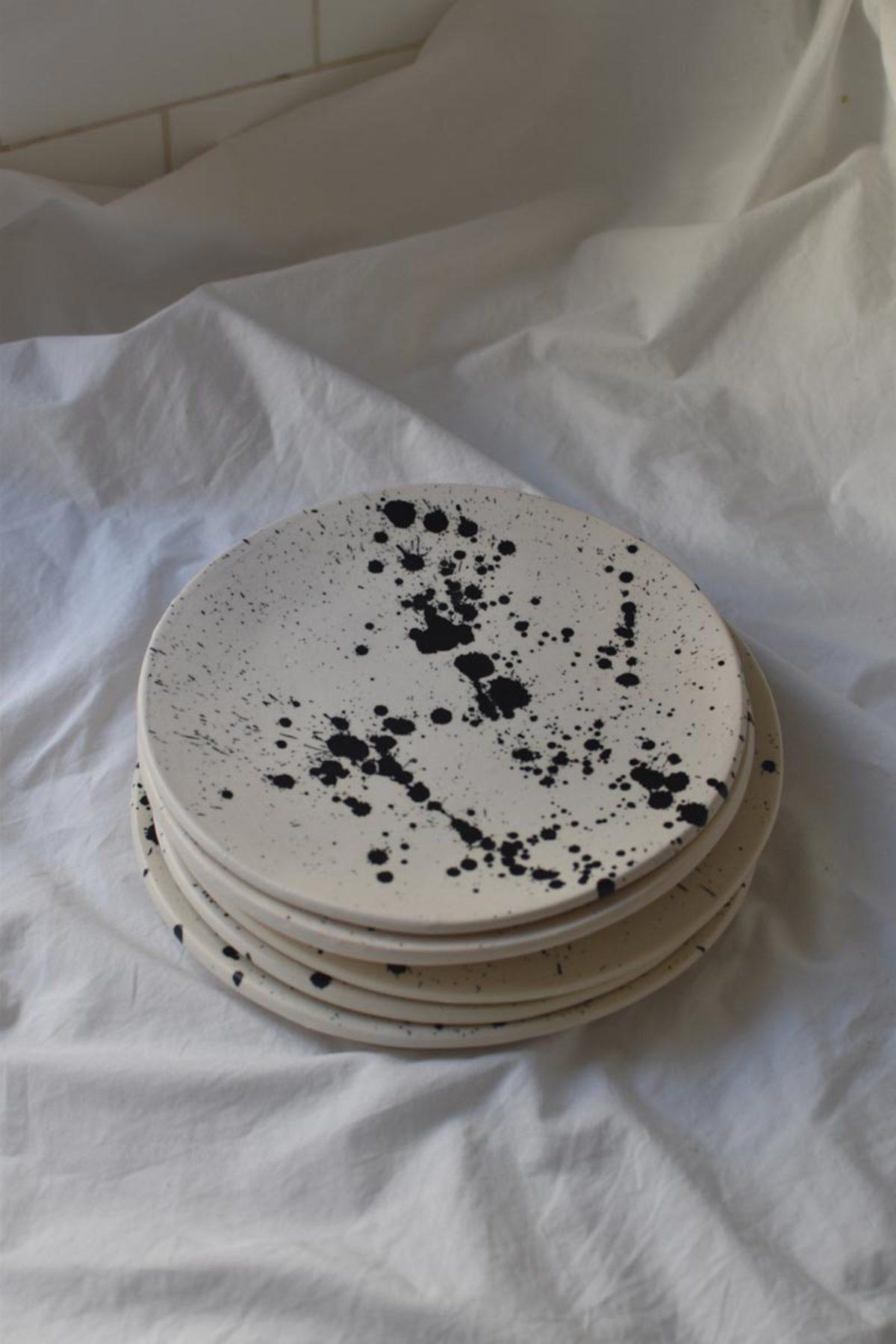 Modern Handmade Rock Ceramic Dessert Plates - Set of 2 - Black & White Splatterware For Sale