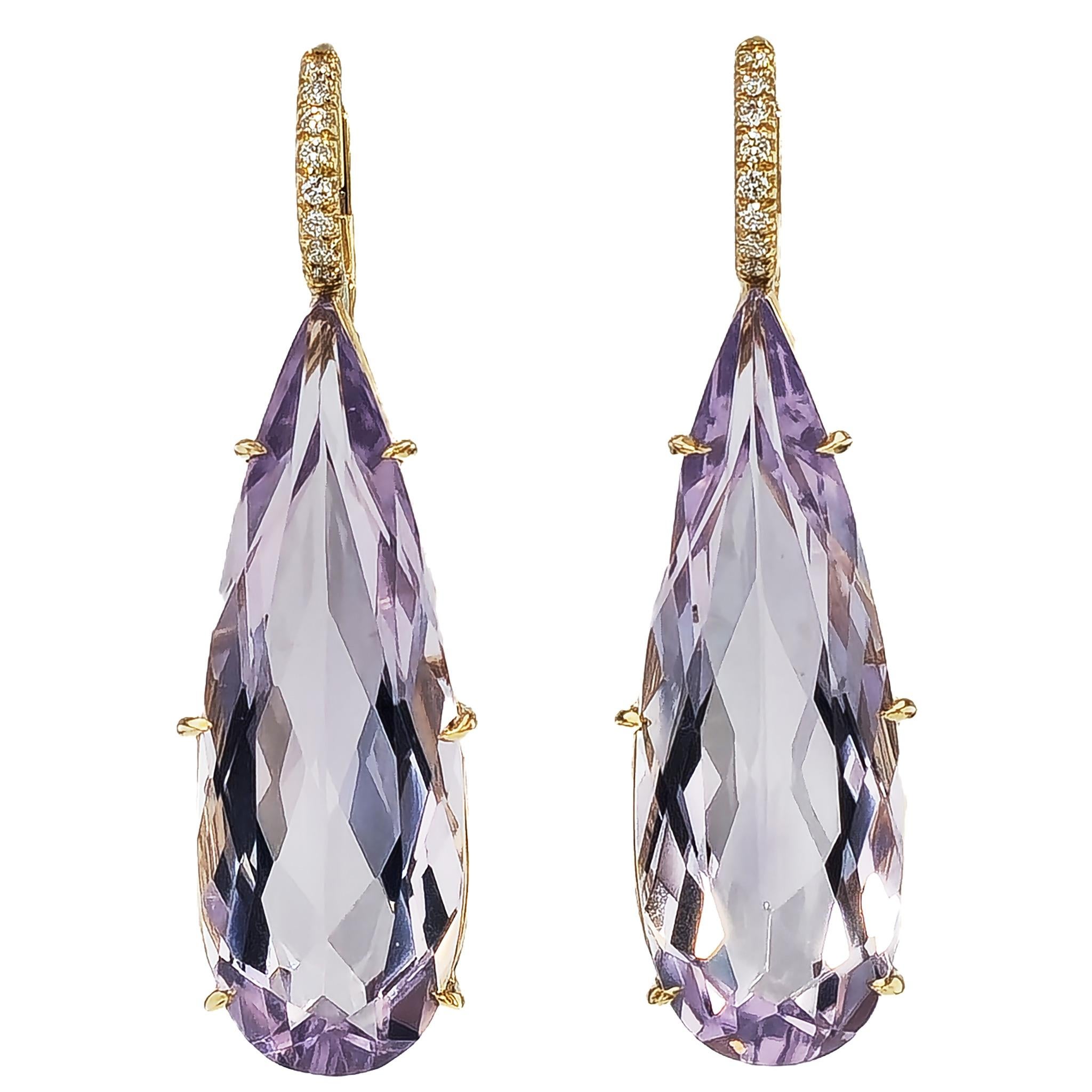 Be amazed by these sparkling 2 pieces of Rose De France amethyst drop earrings.  They are a total of 37.65 carats and are pear shaped. They are handcrafted in 18 karat yellow gold. They are finely adorned by 0.15 carats of F/G VS1 diamond pave set