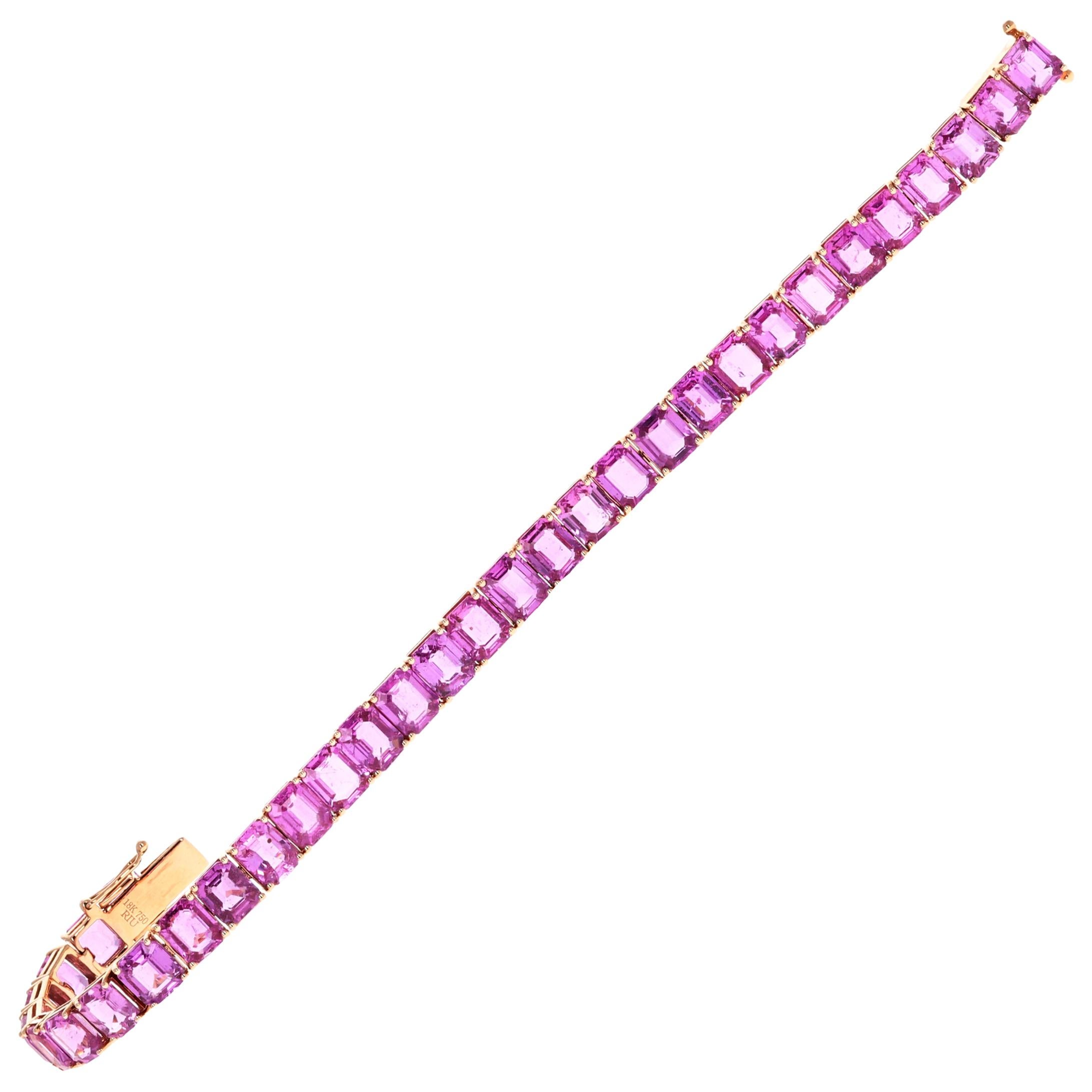 Handgefertigtes Tennisarmband aus Roségold mit 35,33 Karat rosa Saphir