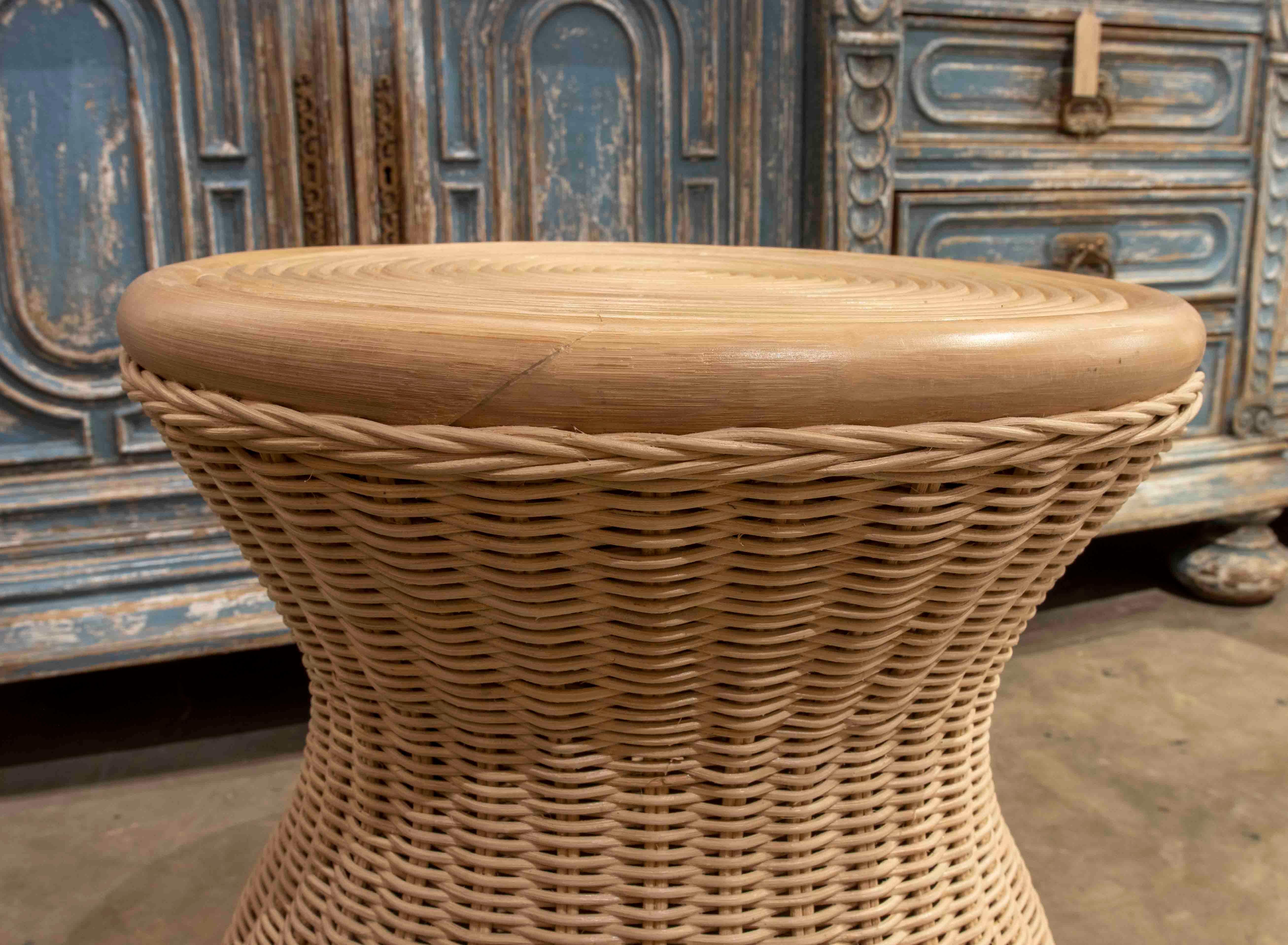 Handmade Round Rattan and Wicker Stool For Sale 1