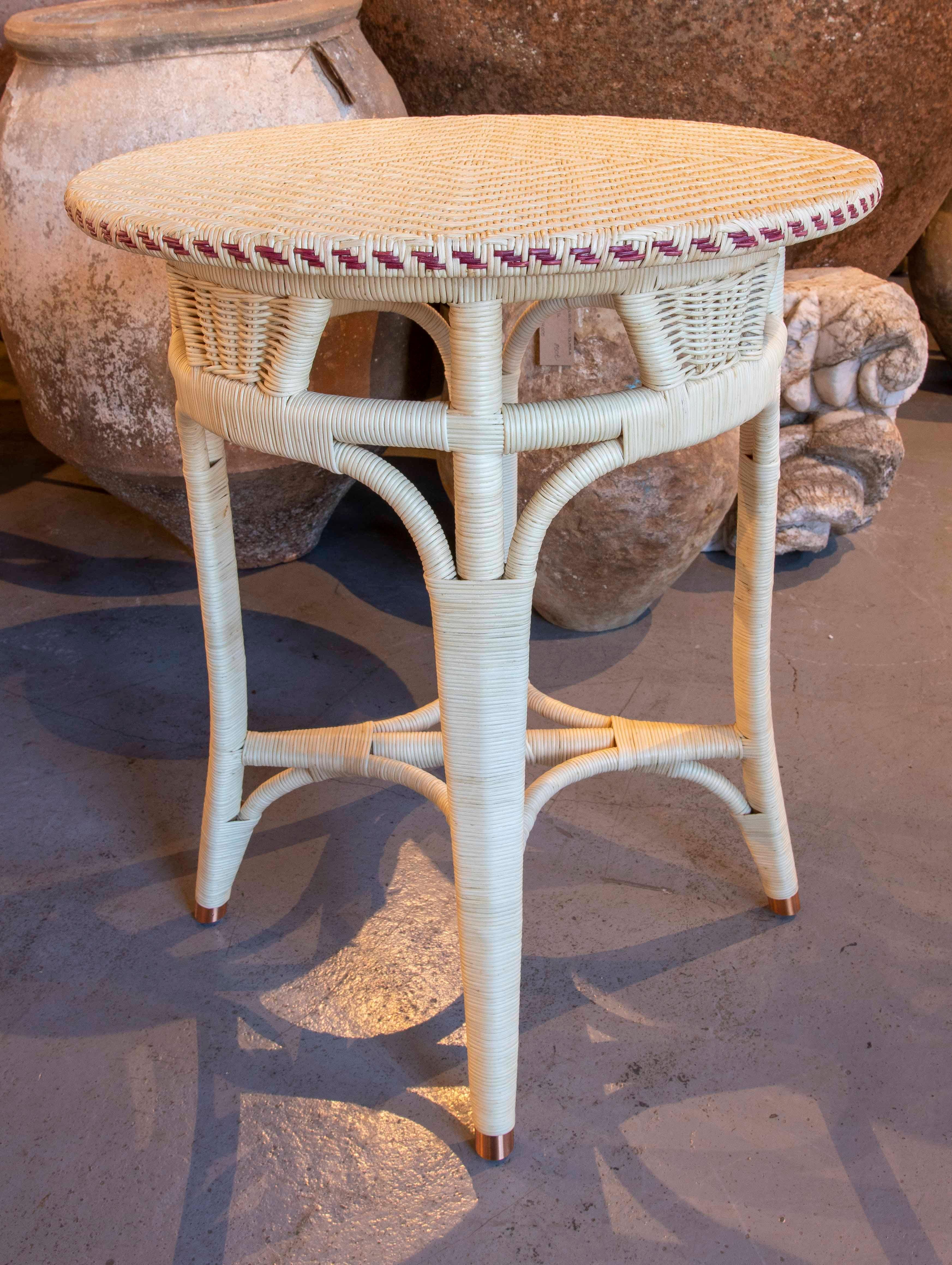 Handmade Round Wicker Side Table with Leather Border 