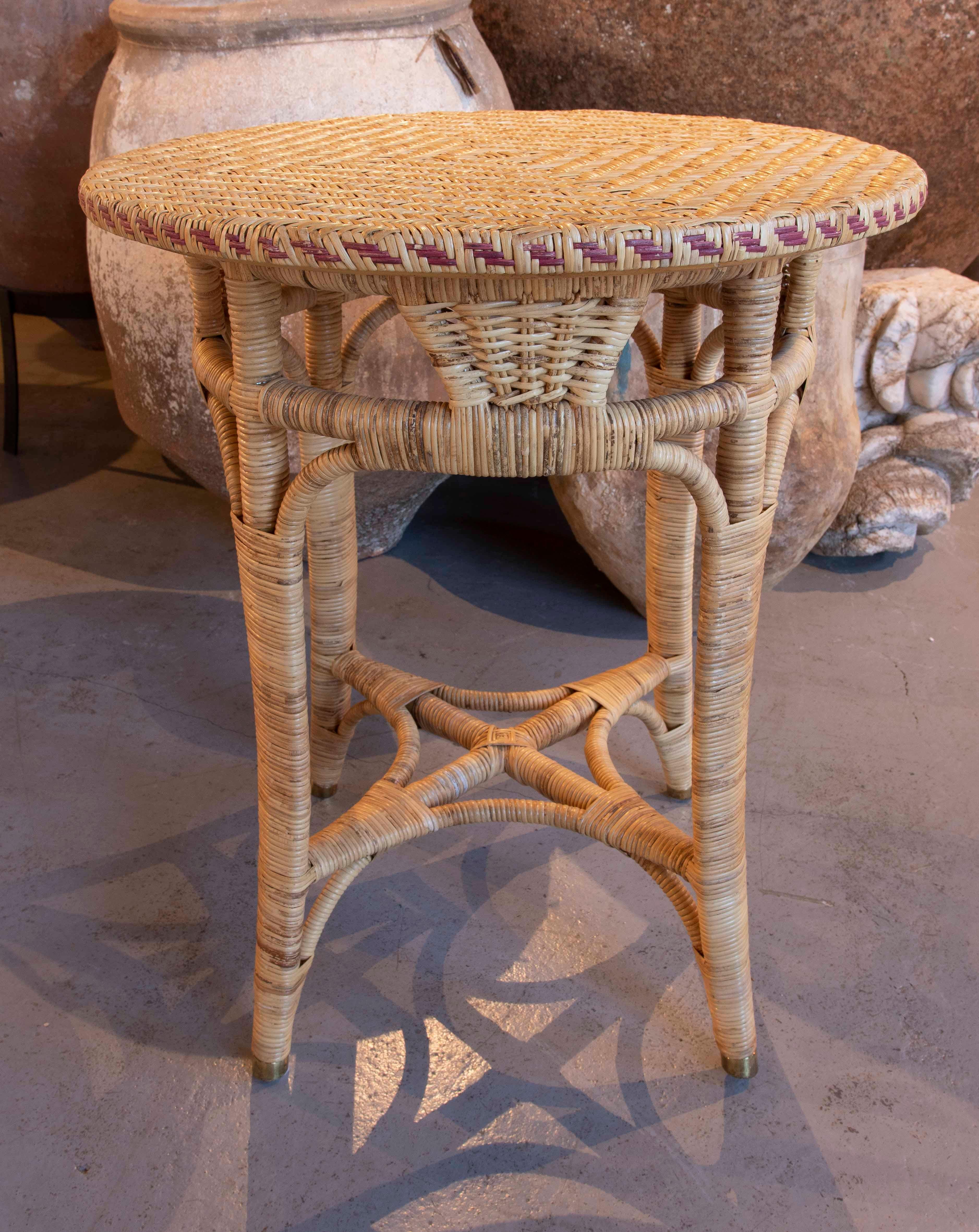 Handmade Round Wicker Side Table with Leather Border 