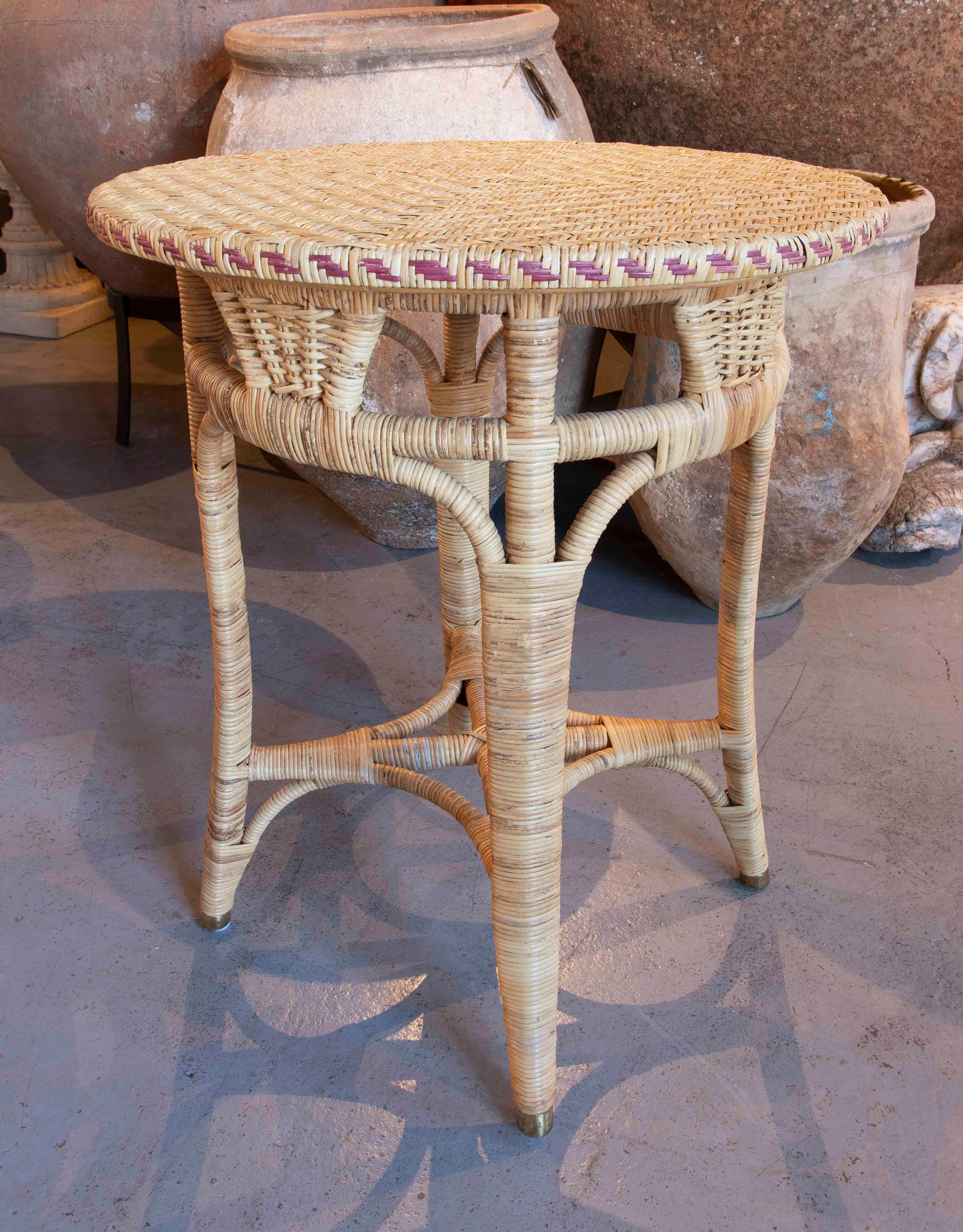 Spanish Handmade Round Wicker Side Table with brown Border  For Sale