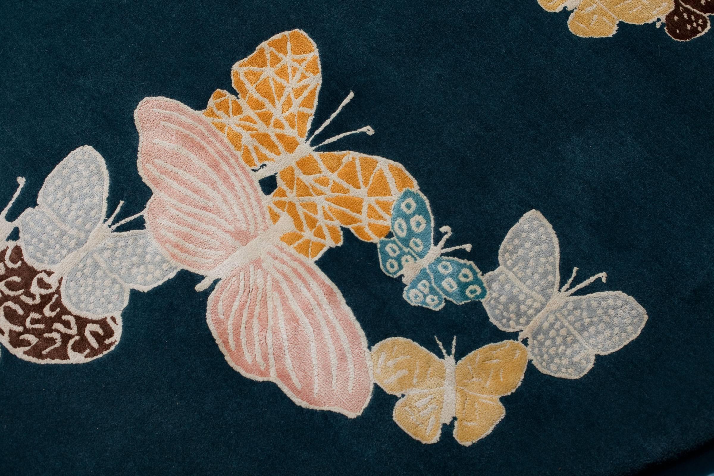 Nepalese Teal, blue, orange, pink, Round Wool & Silk Rug, Butterfly pattern 150 Knots