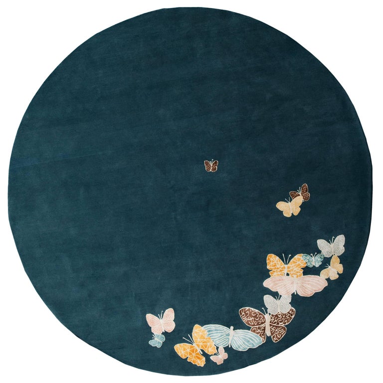 Round Wool & Silk Rug, Butterfly pattern 150 Knots custom variations possible For Sale