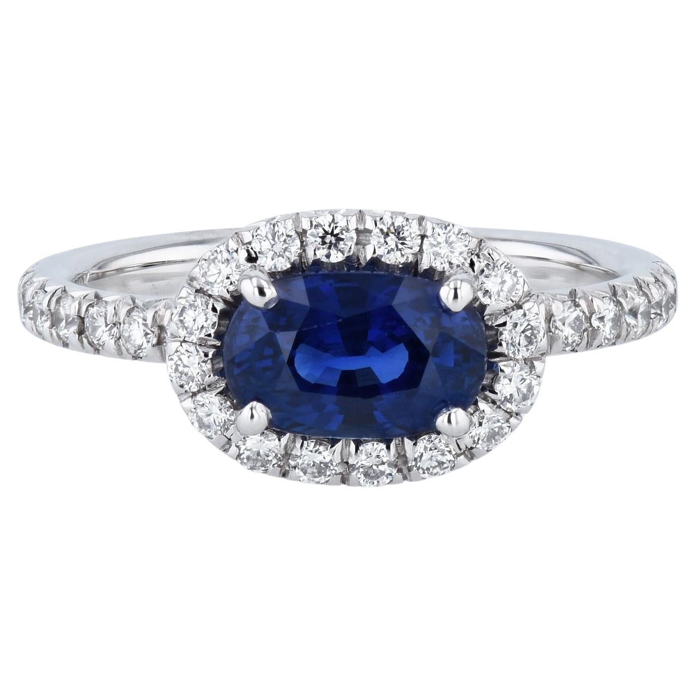 Handmade Royal Blue Oval Sapphire Pave Diamond Halo White Gold For Sale