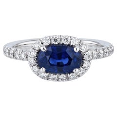 Handmade Royal Blue Oval Sapphire Pave Diamond Halo White Gold