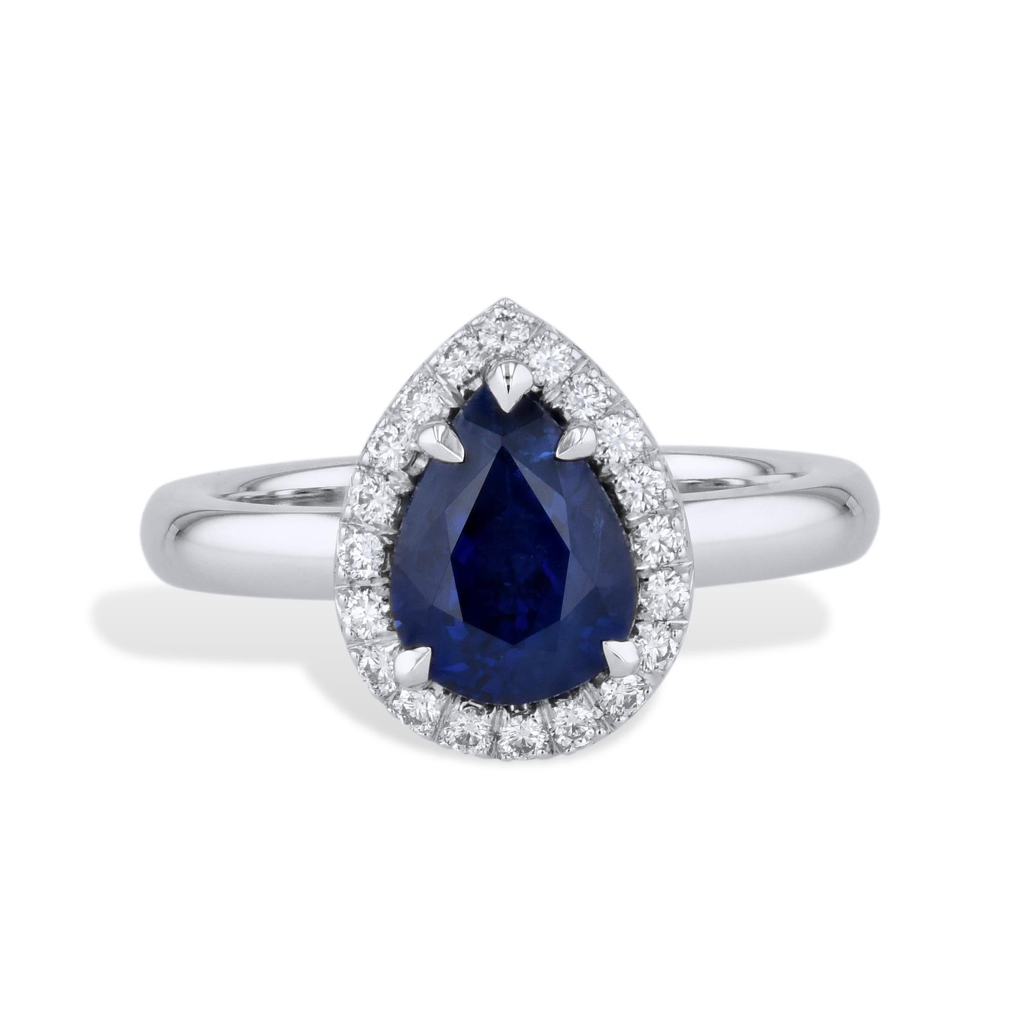 Handmade Royal Blue Pear Shaped Sapphire Pave Diamond Platinum Ring In New Condition For Sale In Miami, FL