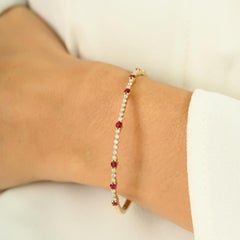 Handmade Ruby and Diamond Bangle Bracelet for Women in 14k Solid Yellow Gold