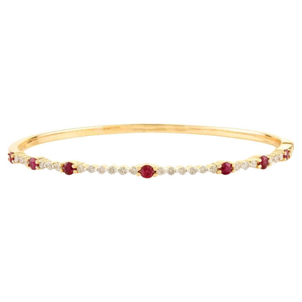 Handmade Ruby and Diamond Bangle Bracelet for Women in 14k Solid Yellow Gold