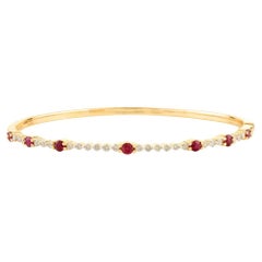 Handmade Ruby and Diamond Bangle Bracelet for Women in 14k Solid Yellow Gold