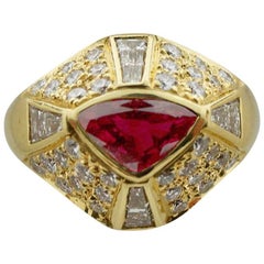 Vintage Handmade Ruby and Diamond Ring in 18 Karat Yellow Gold