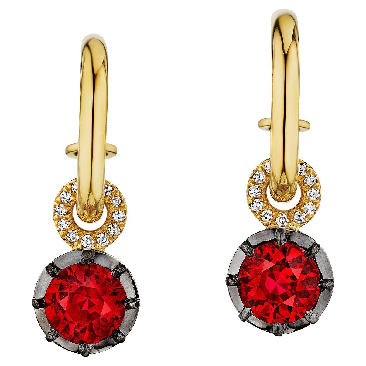 Handmade Ruby Diamond Drop Hoop Earrings in Platinum & Gold For Sale