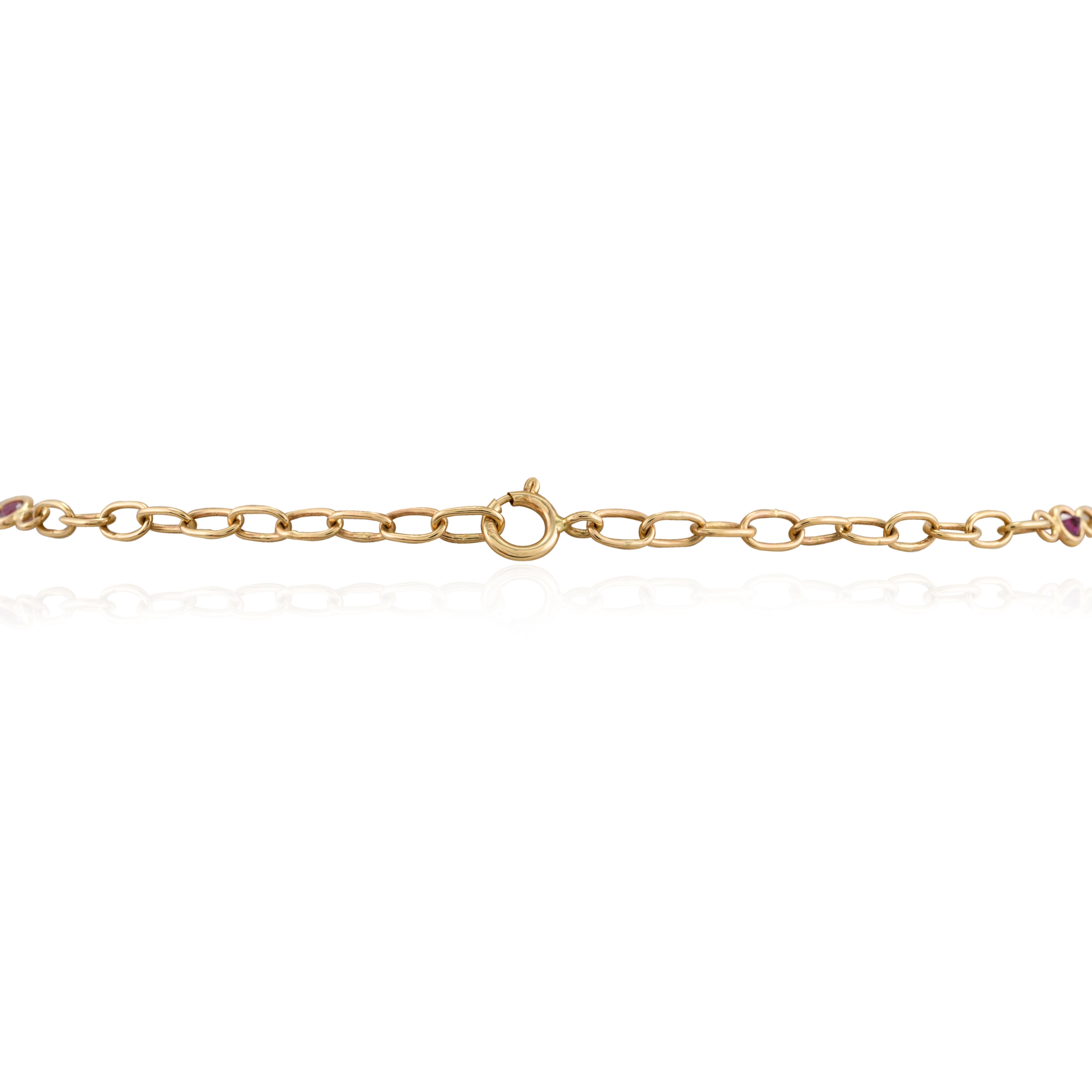 Round Cut Handmade Ruby Station Chain Necklace 14k Yellow Gold, Grandma Gift Christmas