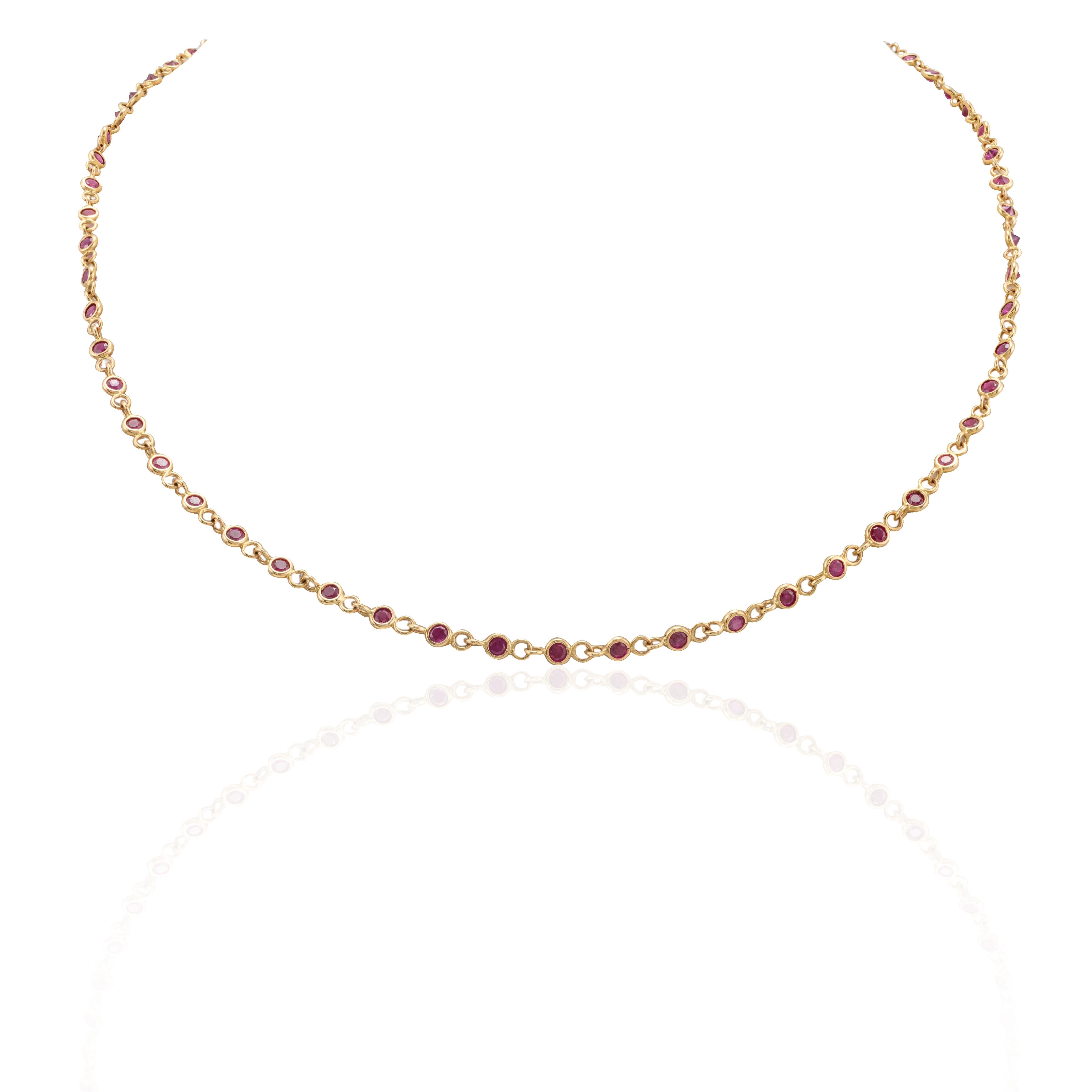 Contemporary Handmade Ruby Station Chain Necklace 14k Yellow Gold, Grandma Gift Christmas For Sale
