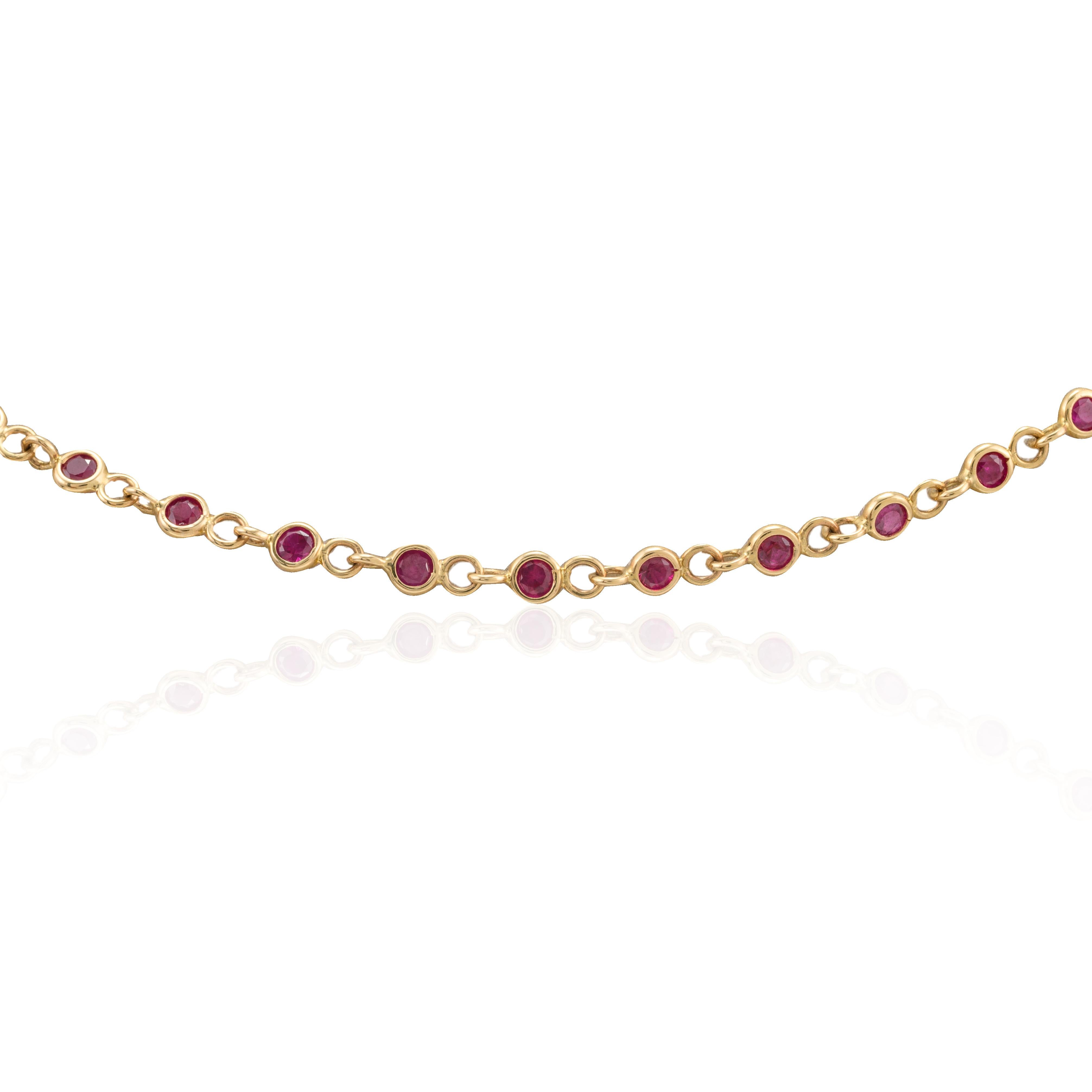 Handmade Ruby Station Chain Necklace 14k Yellow Gold, Grandma Gift Christmas In New Condition For Sale In Houston, TX