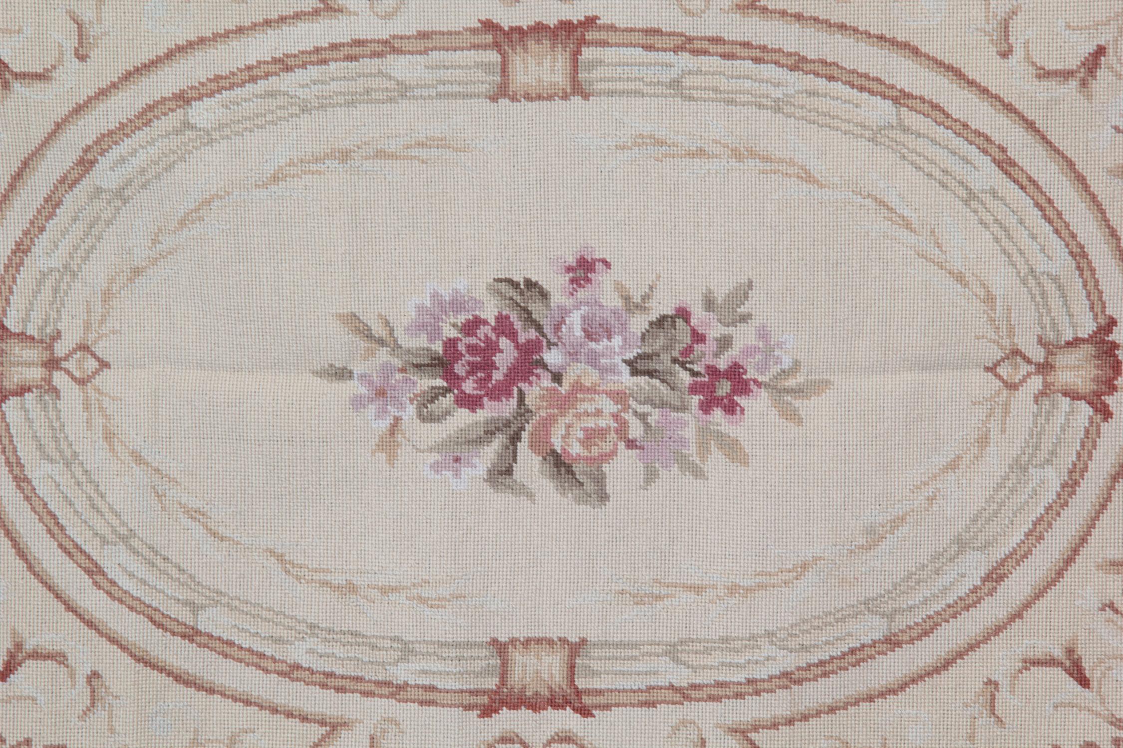 French Handmade Rug Beige Aubusson Rugs Floral Medallion, Needlepoint Flat-Weave Rug