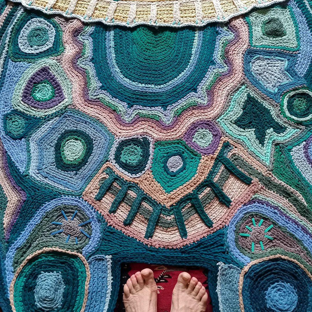 Handmade Rug Blue Bear Boho Art Carpet with Round Modern Metal Coffee Table For Sale 5