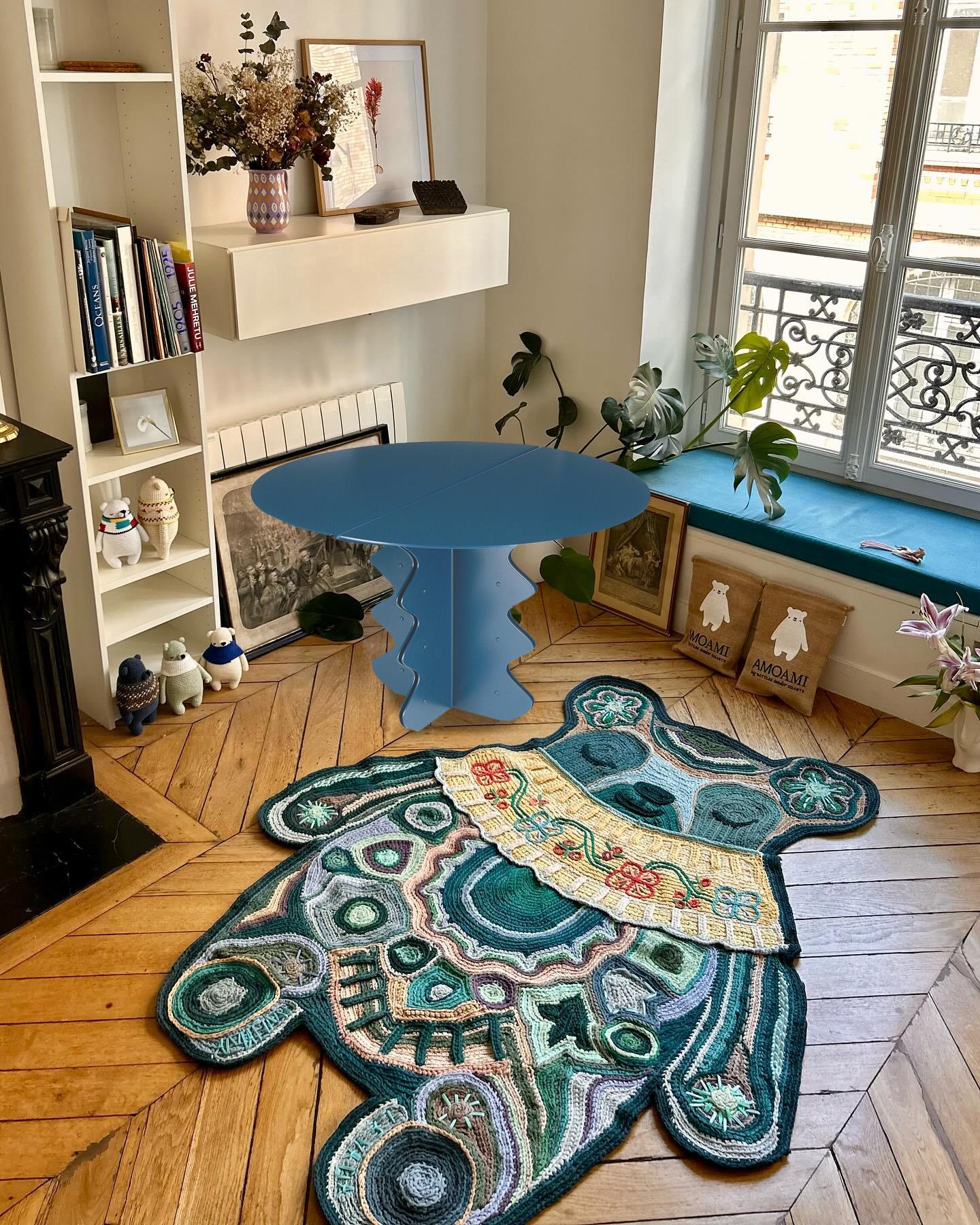 Artistic Boho Home Decor Set: Blue Wave Coffee Table and Whimsical Bear Rug.

Introducing a captivating design duo that transforms your living space into an artistic sanctuary. The 