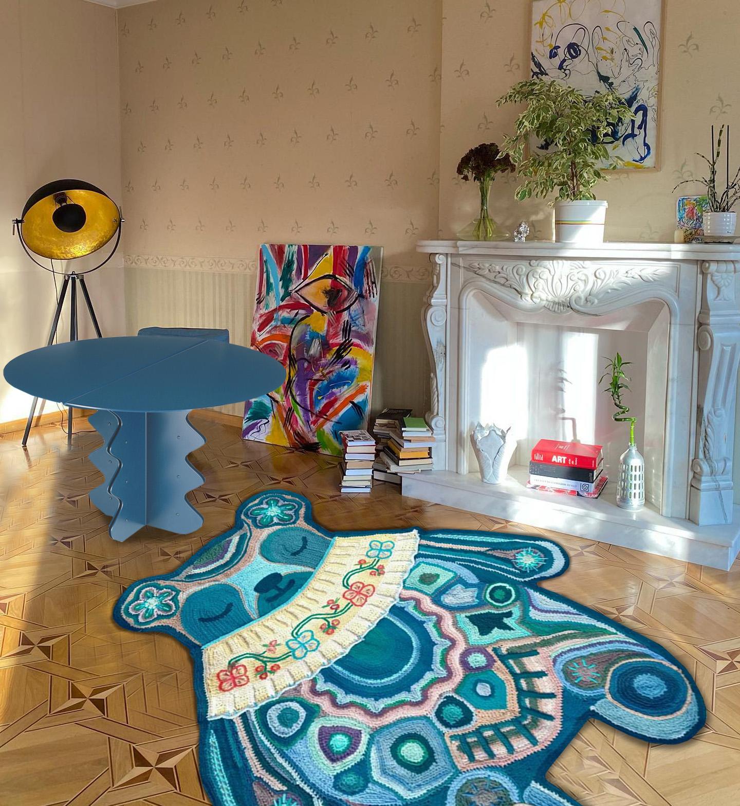 Ukrainian Handmade Rug Blue Bear Boho Art Carpet with Round Modern Metal Coffee Table For Sale