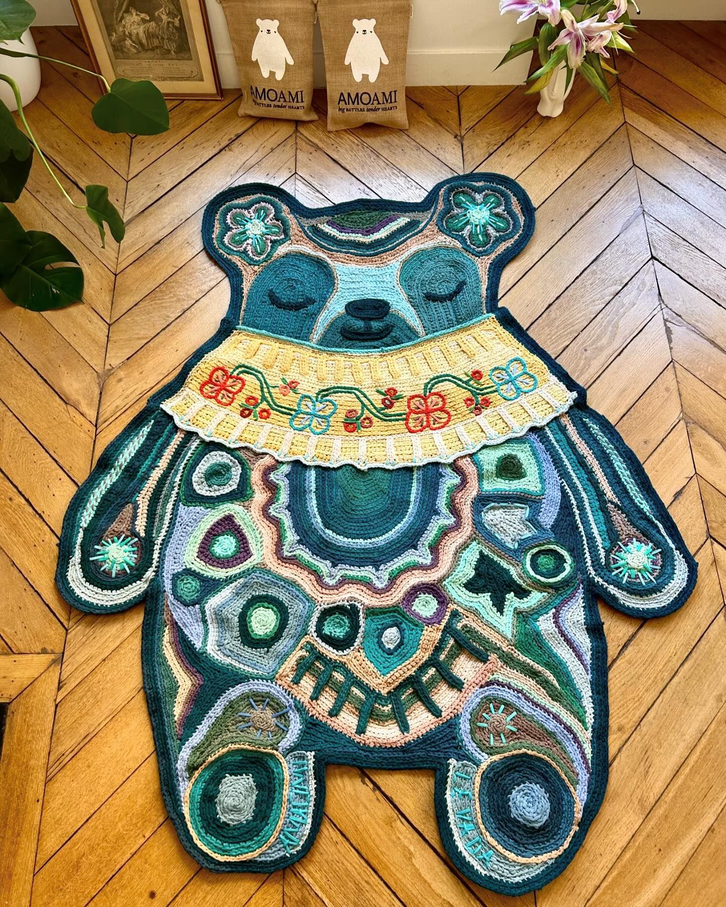Handmade Rug Blue Bear Boho Art Carpet with Round Modern Metal Coffee Table For Sale 3