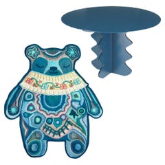 Handmade Rug Blue Bear Boho Art Carpet with Round Modern Metal Coffee Table