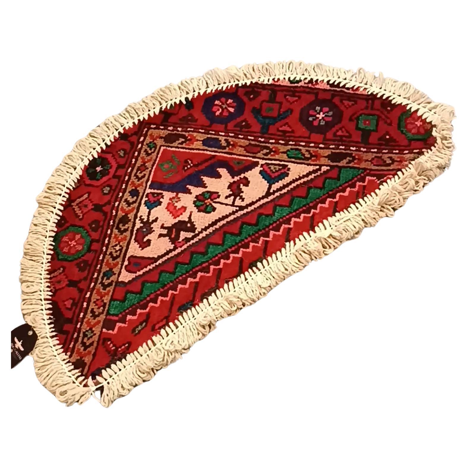 Handmade carpet Oriental rug featuring a traditional floral pattern woven in deep rich tones created by organic vegetable dyes on lamb wool, this little mat is perfect for any doorway in tour modern or traditional home. This semi-circle entranceway