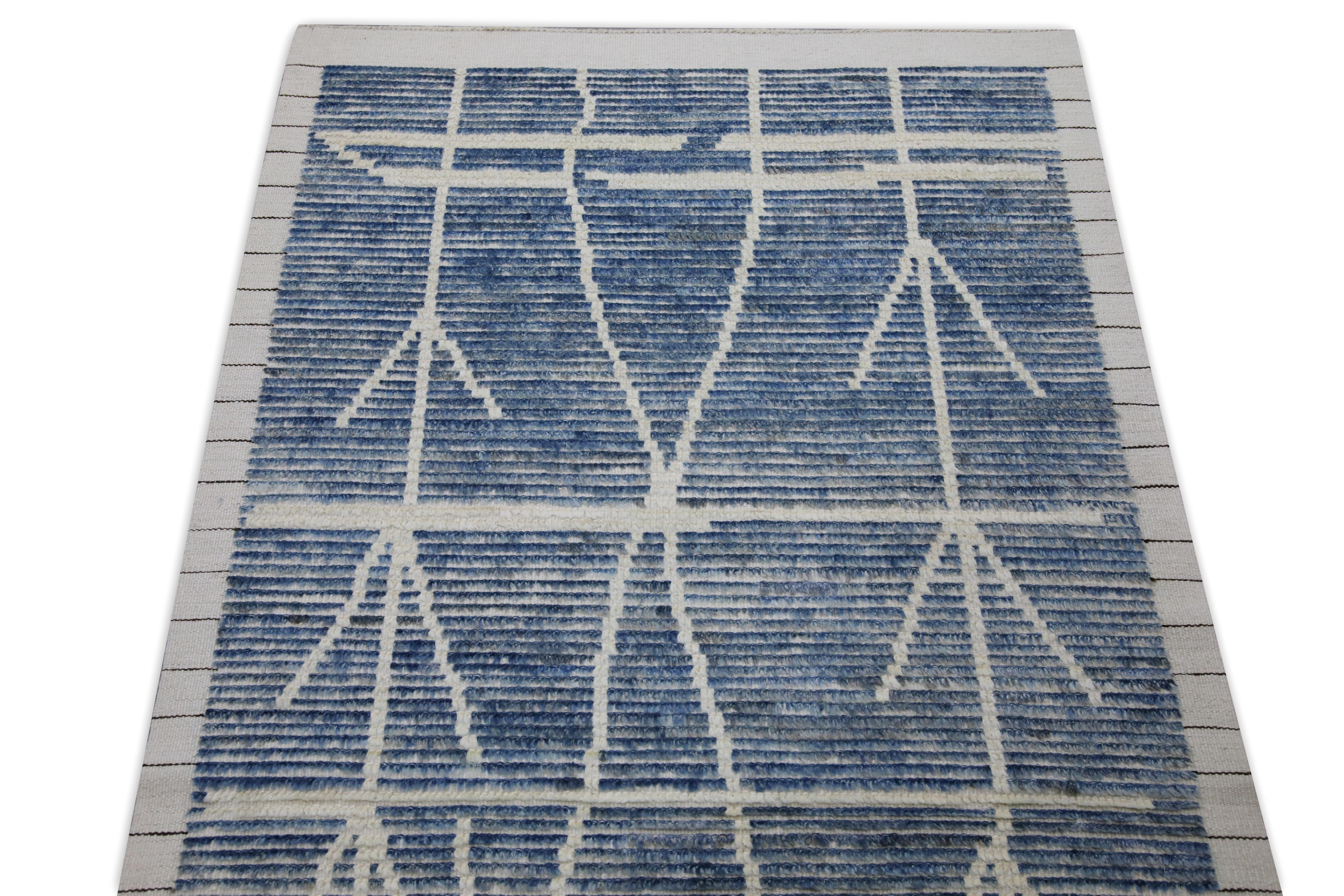 Handgefertigter Teppich Modern Marokkanisch Stil Blau Handgewebt Läufer Teppich 3'2