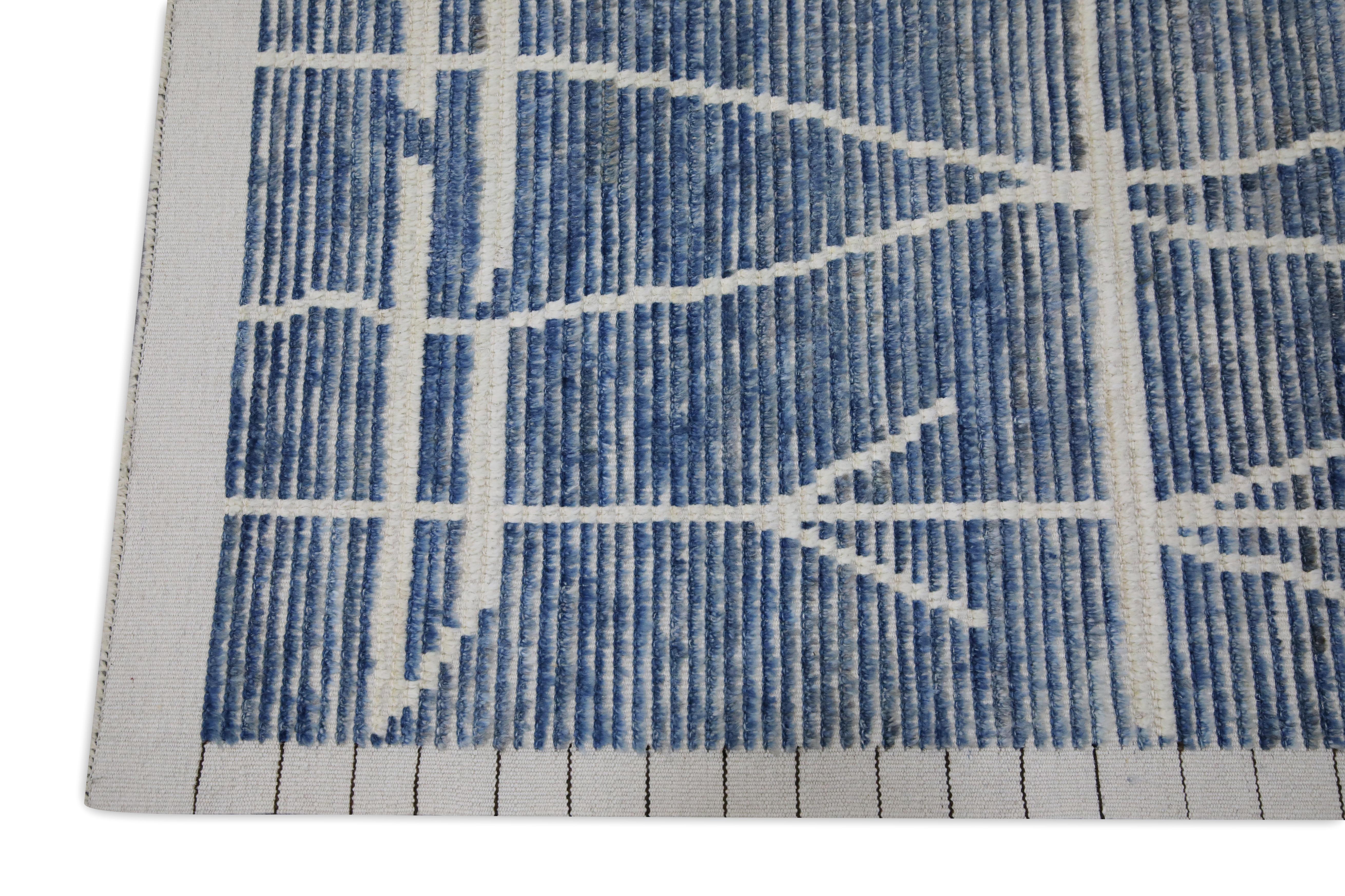 Handgefertigter Teppich Modern Marokkanisch Stil Blau Handgewebt Läufer Teppich 3'2