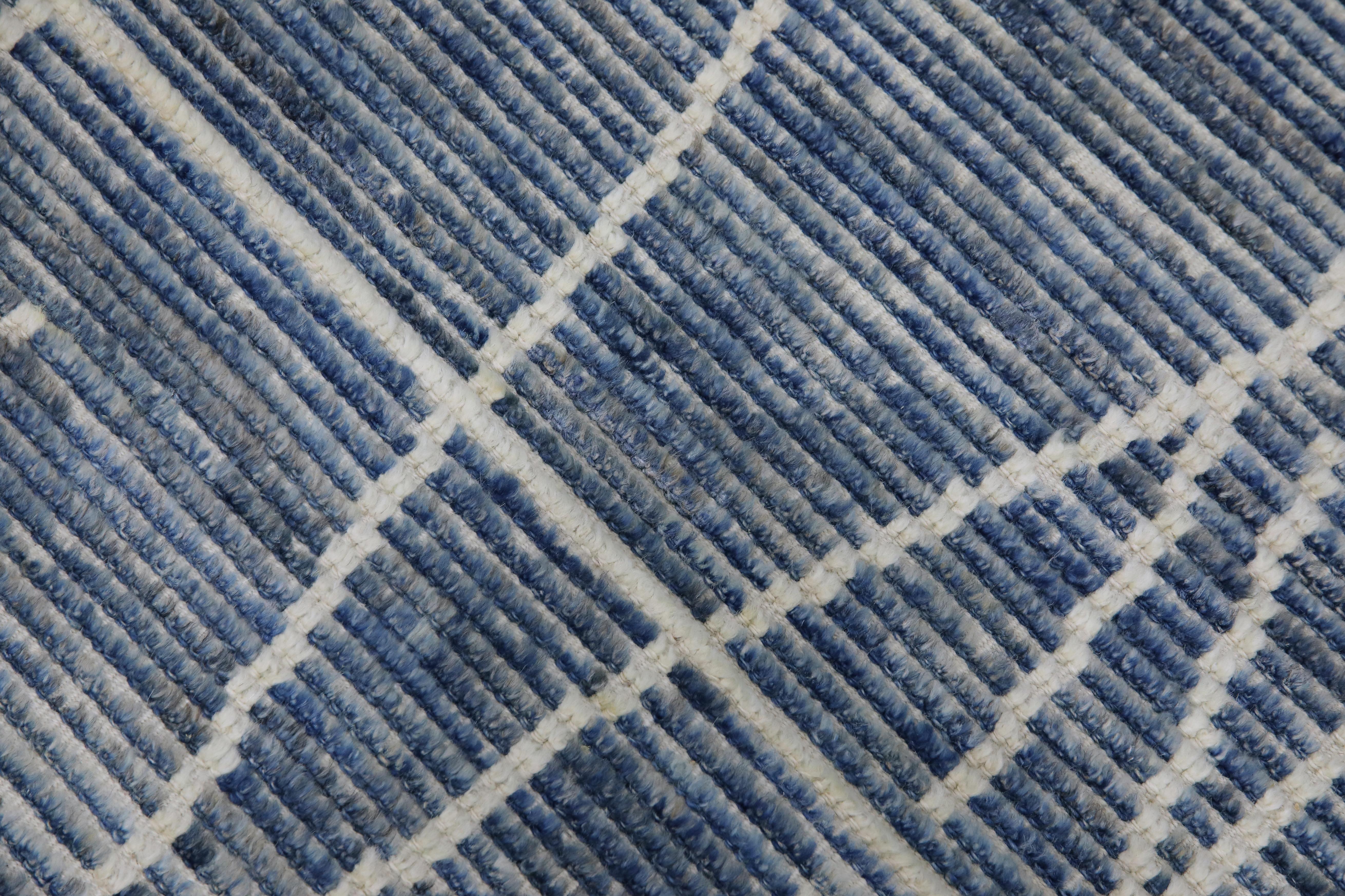 Handgefertigter Teppich Modern Marokkanisch Stil Blau Handgewebt Läufer Teppich 3'2