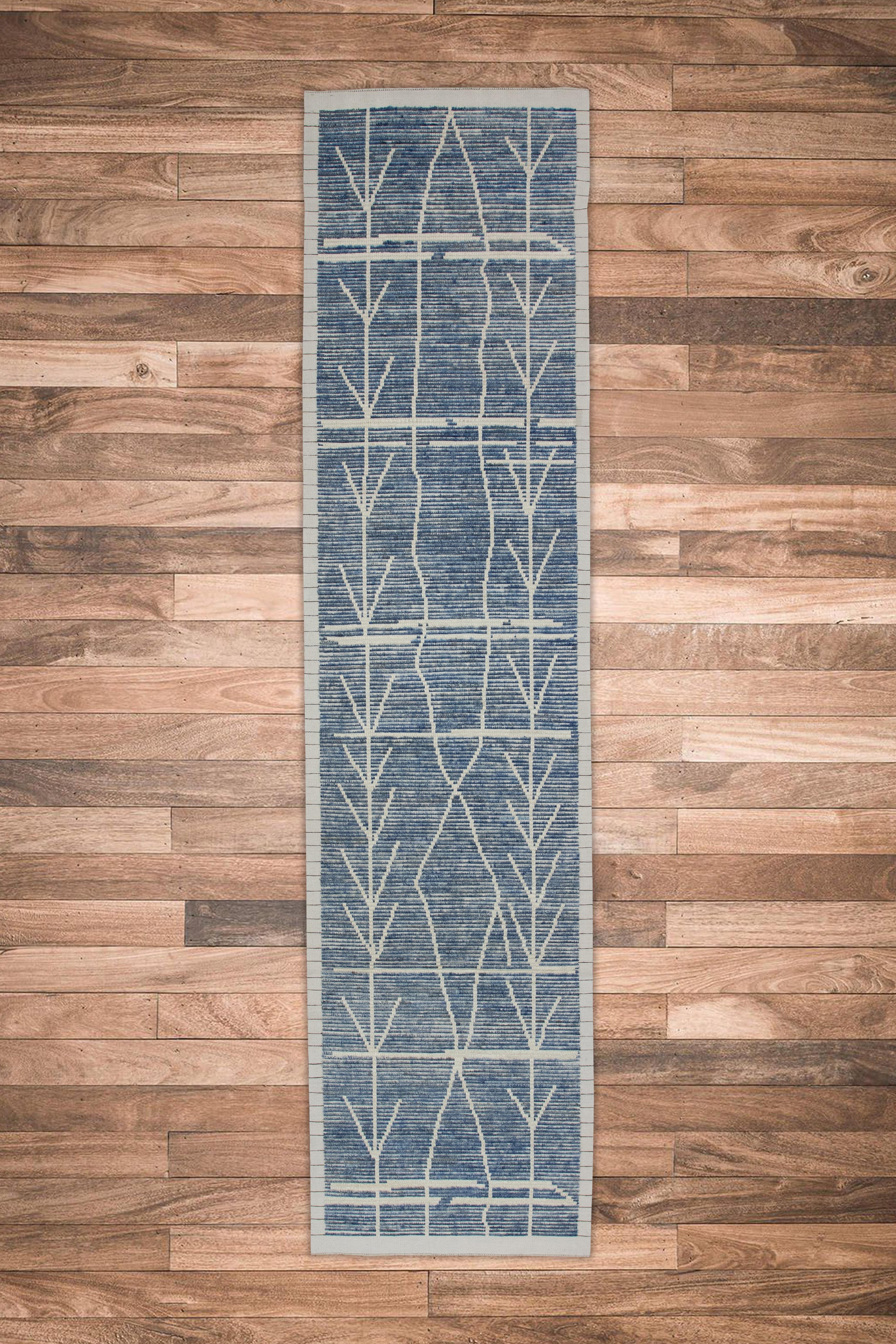 Handgefertigter Teppich Modern Marokkanisch Stil Blau Handgewebt Läufer Teppich 3'2
