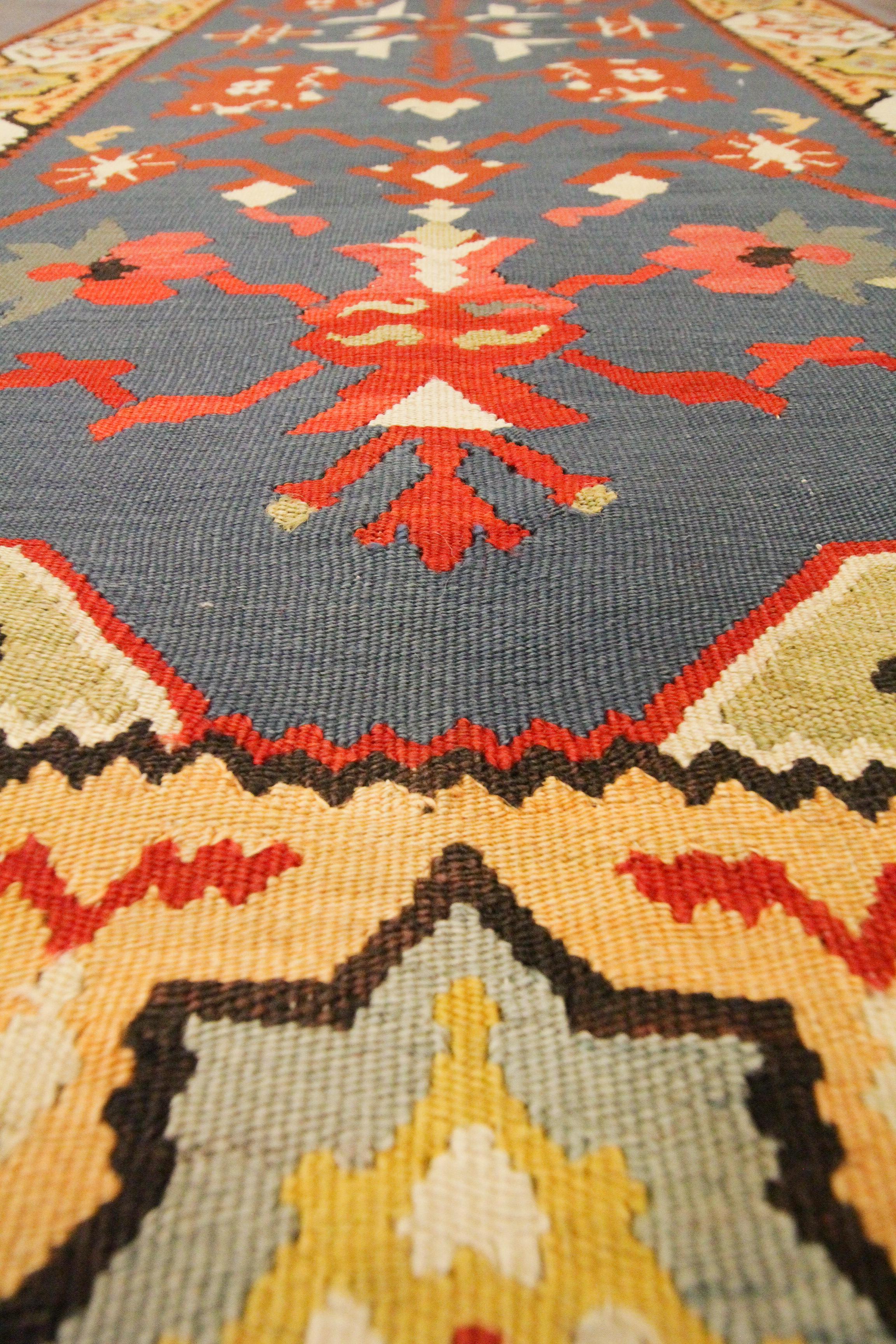Handmade Rug Wool Kilim Rug Turkish Pirot Flat Woven Blue Gold Carpet In Excellent Condition For Sale In Hampshire, GB