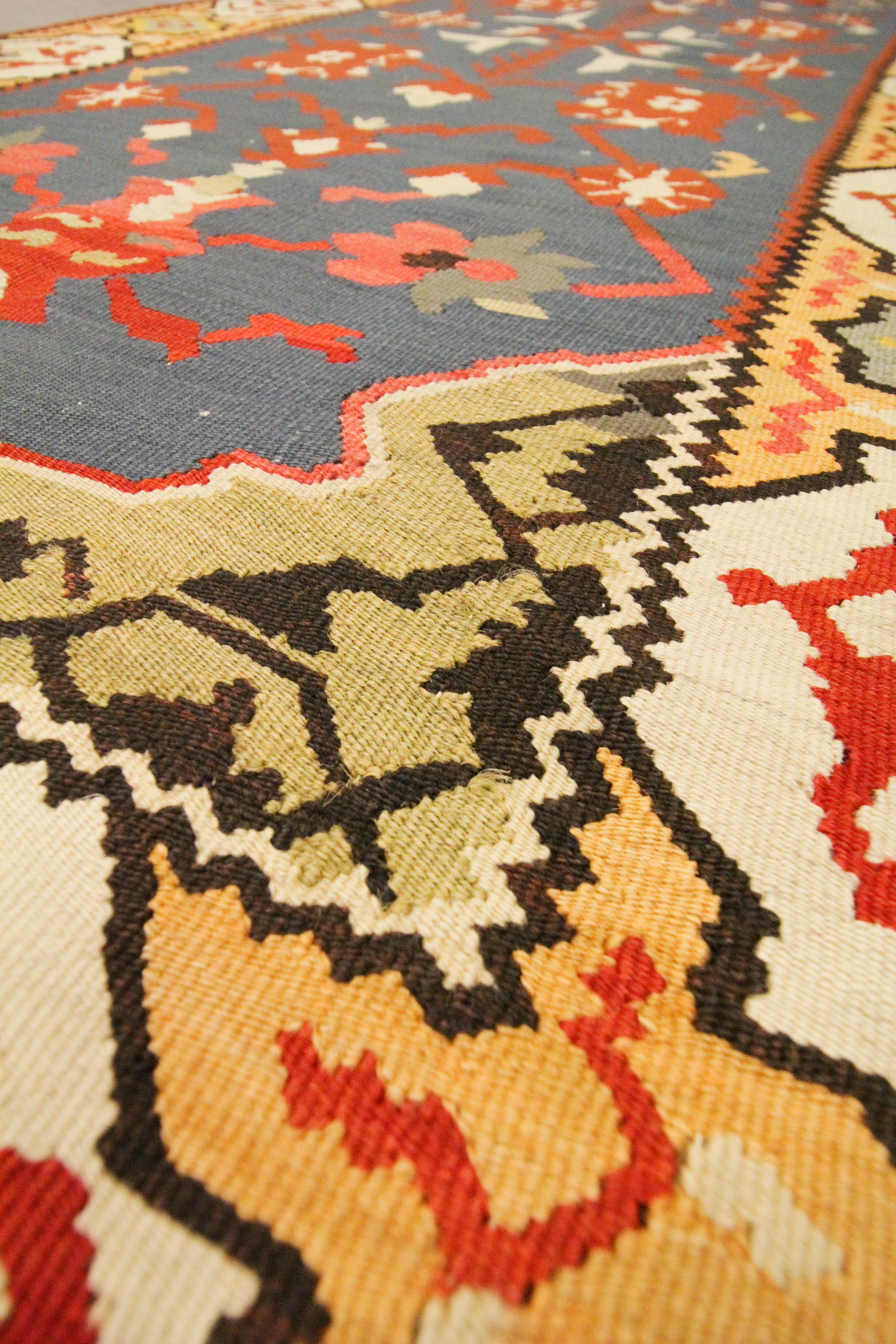 Mid-20th Century Handmade Rug Wool Kilim Rug Turkish Pirot Flat Woven Blue Gold Carpet For Sale
