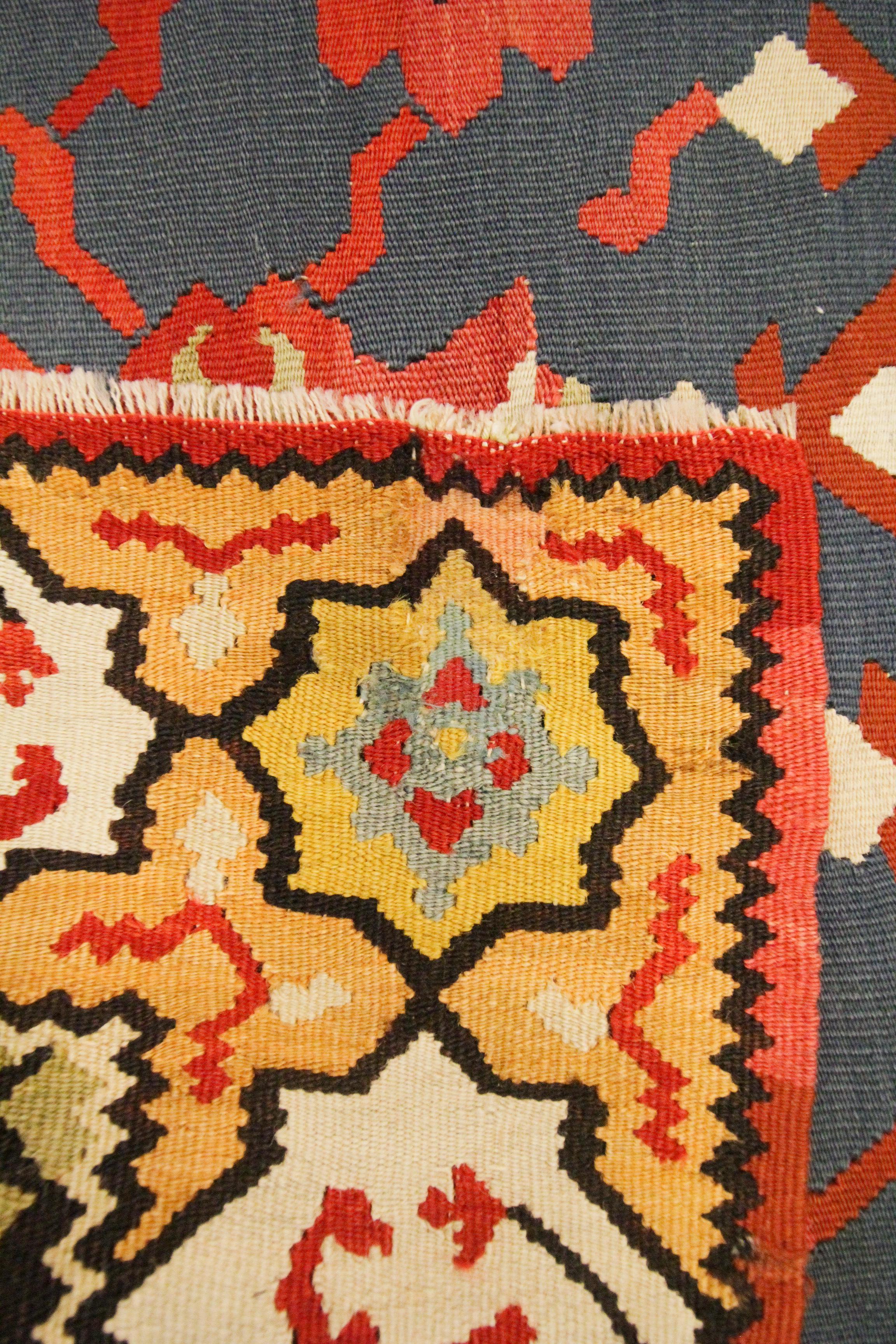 Handmade Rug Wool Kilim Rug Turkish Pirot Flat Woven Blue Gold Carpet For Sale 1