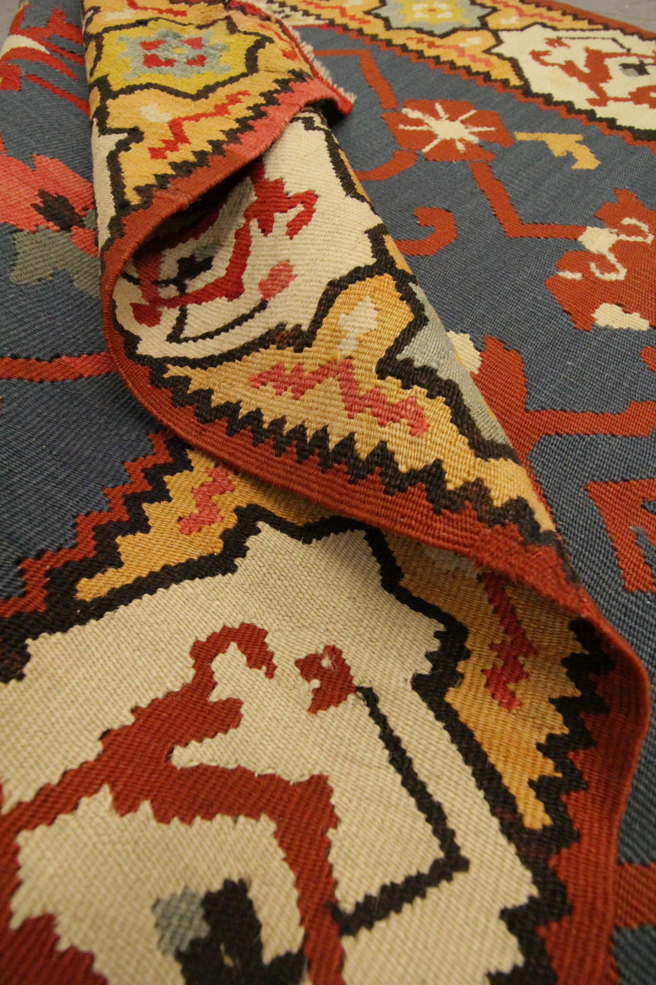 Handmade Rug Wool Kilim Rug Turkish Pirot Flat Woven Blue Gold Carpet For Sale 2
