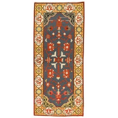 Handgefertigter Teppich aus Wolle und Kelim, türkischer Pirot, flach gewebter blau-goldener Teppich