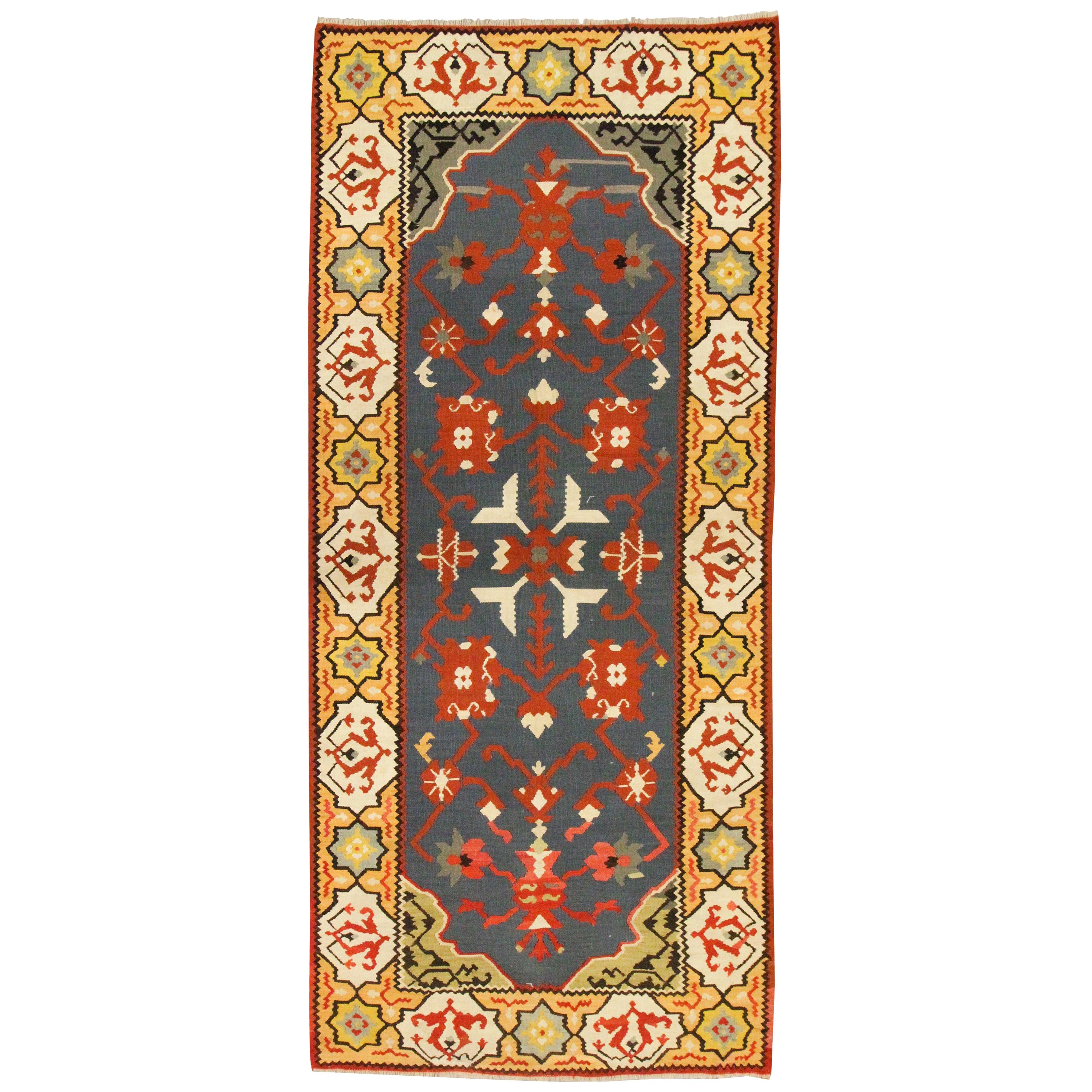 Handgefertigter Teppich aus Wolle und Kelim, türkischer Pirot, flach gewebter blau-goldener Teppich