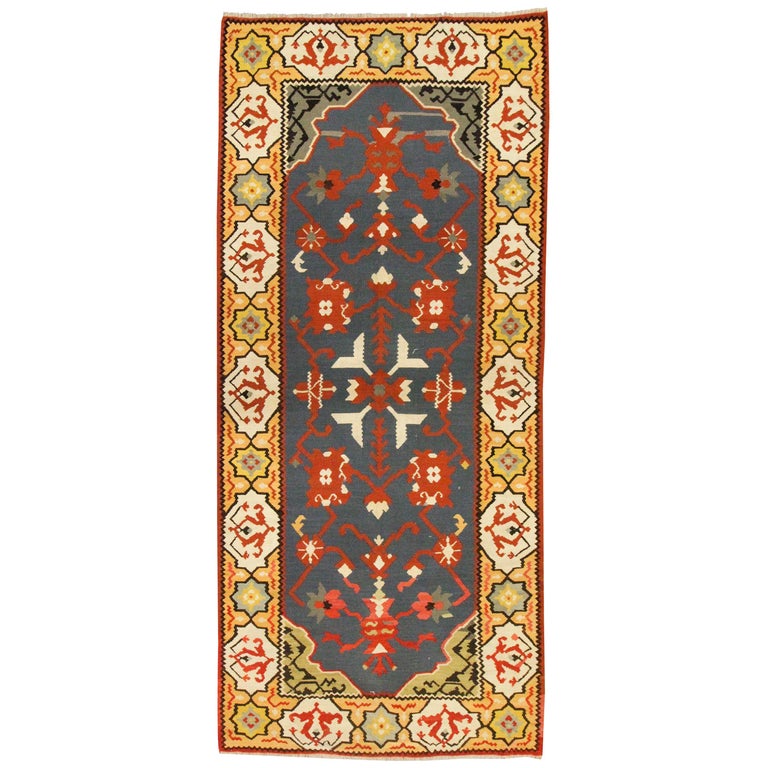 Handmade Rug Wool Kilim Rug Turkish Pirot Flat Woven Blue Gold Carpet For Sale at 1stDibs